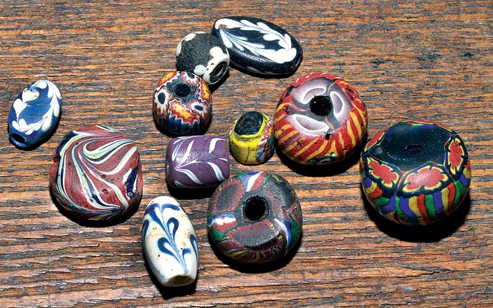  UNUSUAL VENETIAN BEADS FROM MAURITANIA, part of the large trade of beads into this country that was so active in the trans-Saharan economy. Some are types seen elsewhere in the worldwide bead trade; those to right are rare/unusual.&nbsp; 