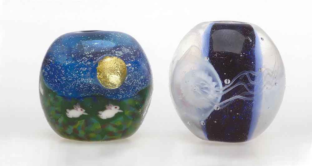  GLASS BEADS MADE BY CONTEMPORARY JAPANESE GLASS ARTISTS, who are among the most skilled in techniques, with unique aesthetics. Toshiku Uchida &amp; Emiko Numata, 2.1-2.3 centimeters high, gifted 2001.  Photographs by Robert K. Liu/Ornament unless ot