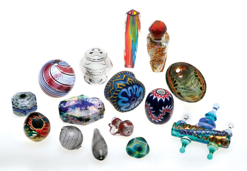  CONTEMPORARY AMERICAN GLASS BEADS, collected between 1987 and 2017, although most are from 2006 and prior.  Outer ring, clockwise from twelve o’clock : John Winter, Lewis Wilson, Art Seymour, three beads by Penrose, Eleanore MacNish, Chuck Burton, B
