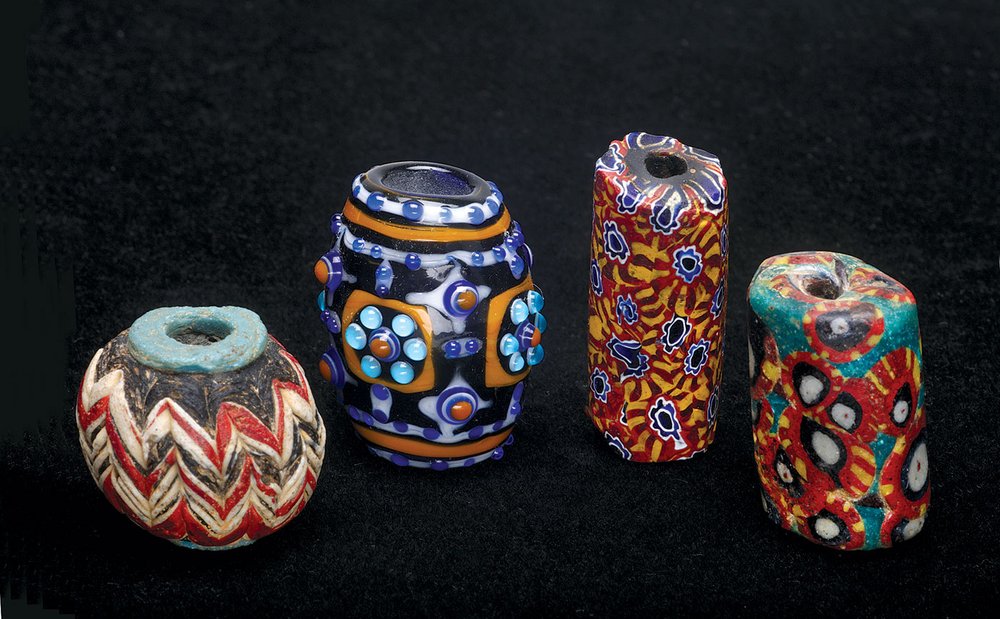  ISLAMIC BEAD WITH RAKED TRAILINGS, END CAPS AND CYLINDRICAL MOSAIC BEAD COMPARED TO TOM HOLLAND INTERPRETATION OF WARRING STATES BEAD AND VENETIAN 20TH CENTURY MOSAIC/MILLEFIORI BEAD FROM THE AFRICAN TRADE. Note there is no core in Islamic mosaic be