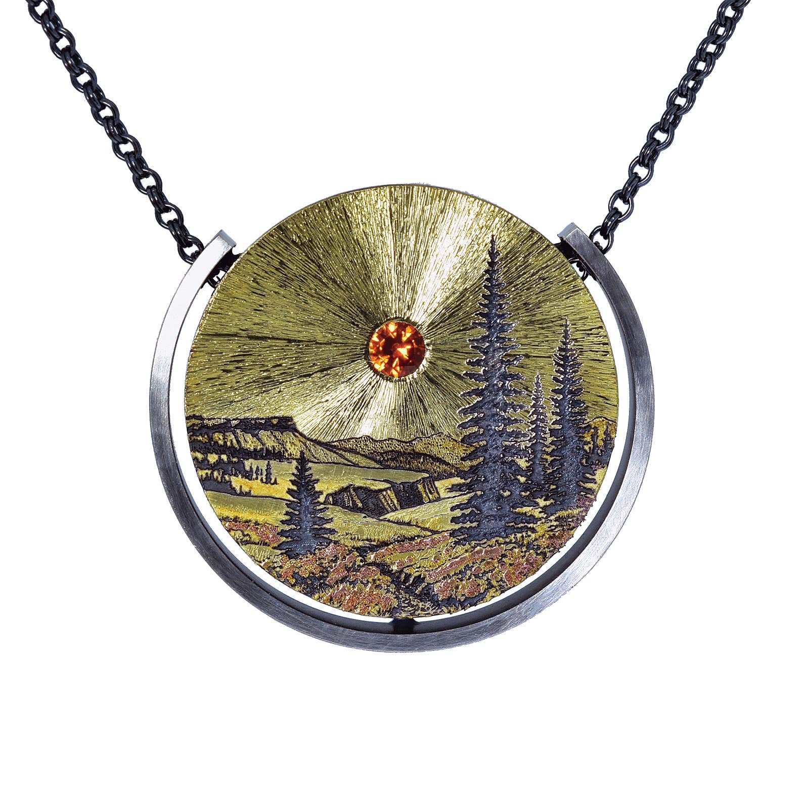  VIEW INSPIRED BY SOUTHERN UTAH PENDANT of eighteen karat gold sheet on sterling silver with fourteen karat rose and yellow gold, 3.7 millimeter Namibian spessartite garnet; fused, carved, engraved, and textured, 3.0 x 3.3 x 0.5 centimeters, 2023. 