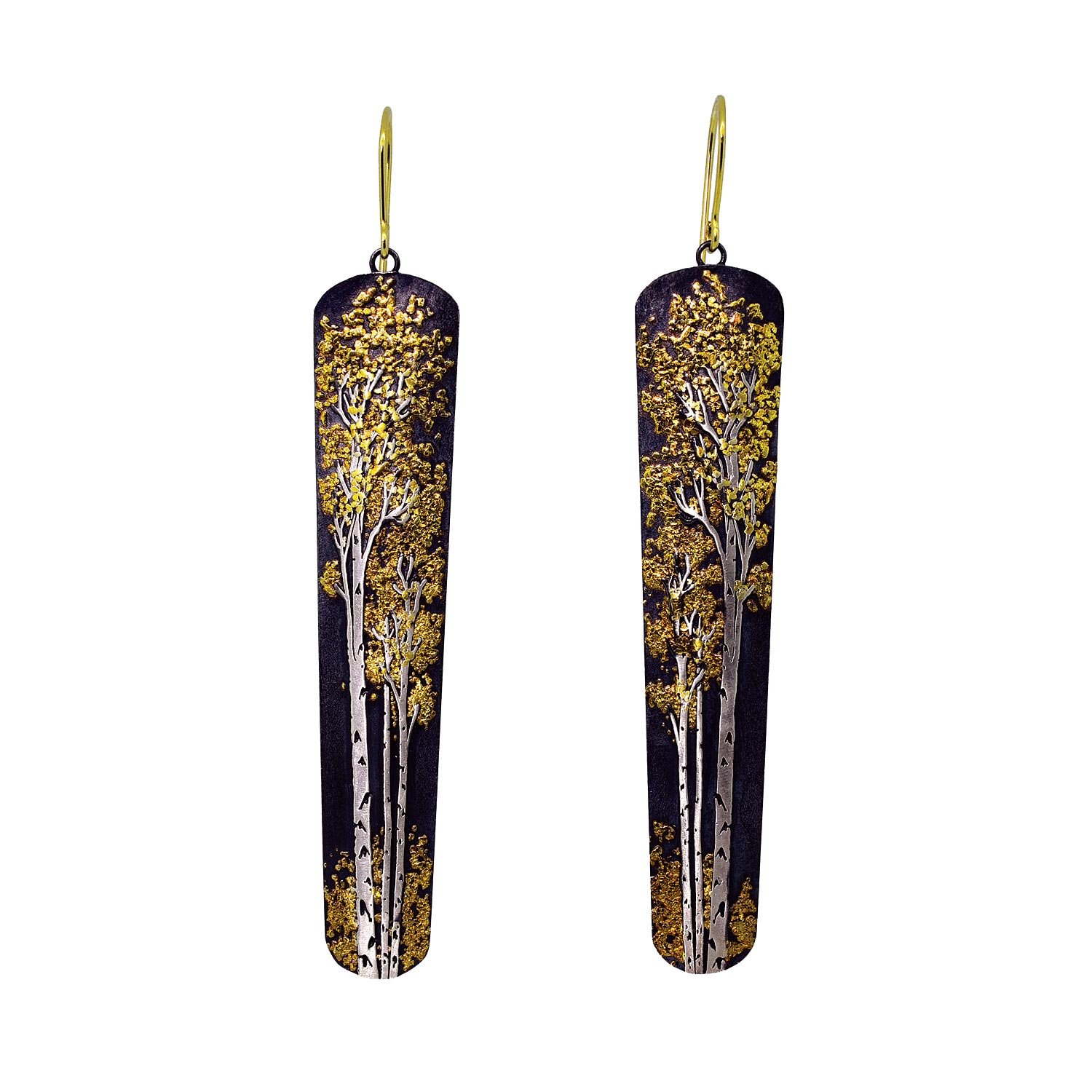  ASPEN EARRINGS of Argentium silver, twenty-two to twenty-three and a half karat placer gold fused to silver, fourteen karat gold hooks; carved, engraved, oxidized, 5.9 x 1.2 centimeters, 2023. 