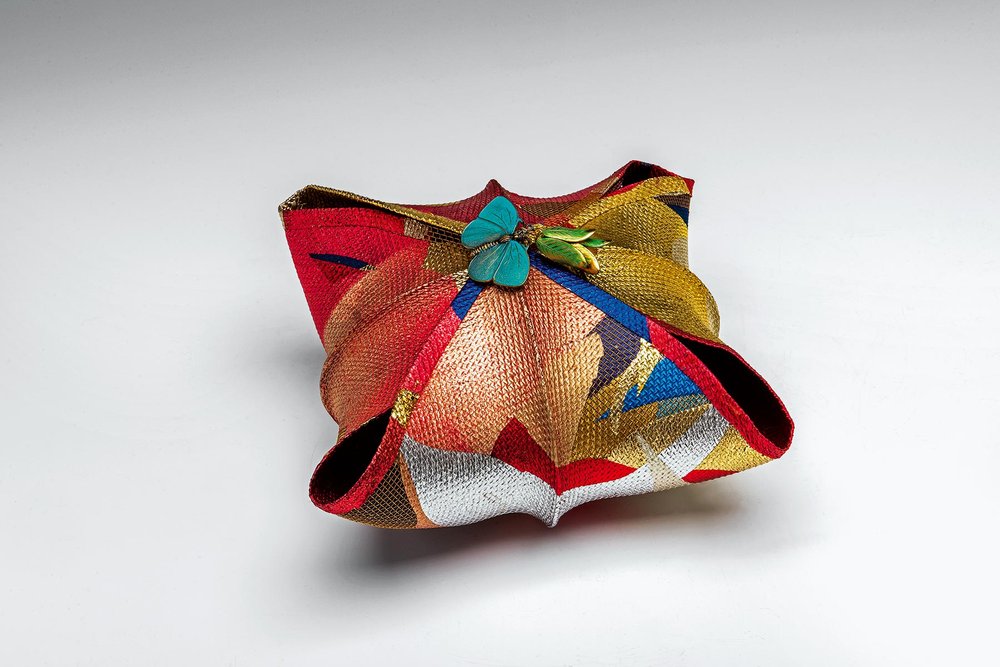  BUTTERFLY BASKET of bronze mesh, metallic foil, found objects; silent metal forming, hot foil stamping, 10.8 × 16.5 × 16.5 centimeters, 2013.  Photograph by Derek Blackman.  
