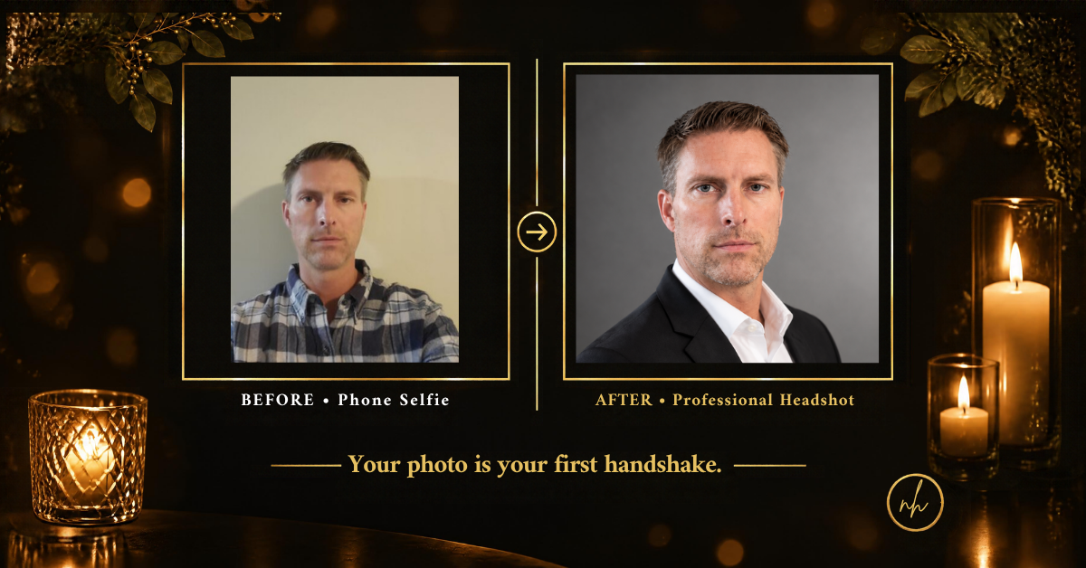 Side-by-side of a phone selfie and a professional headshot of a small business owner in West Palm Beach
