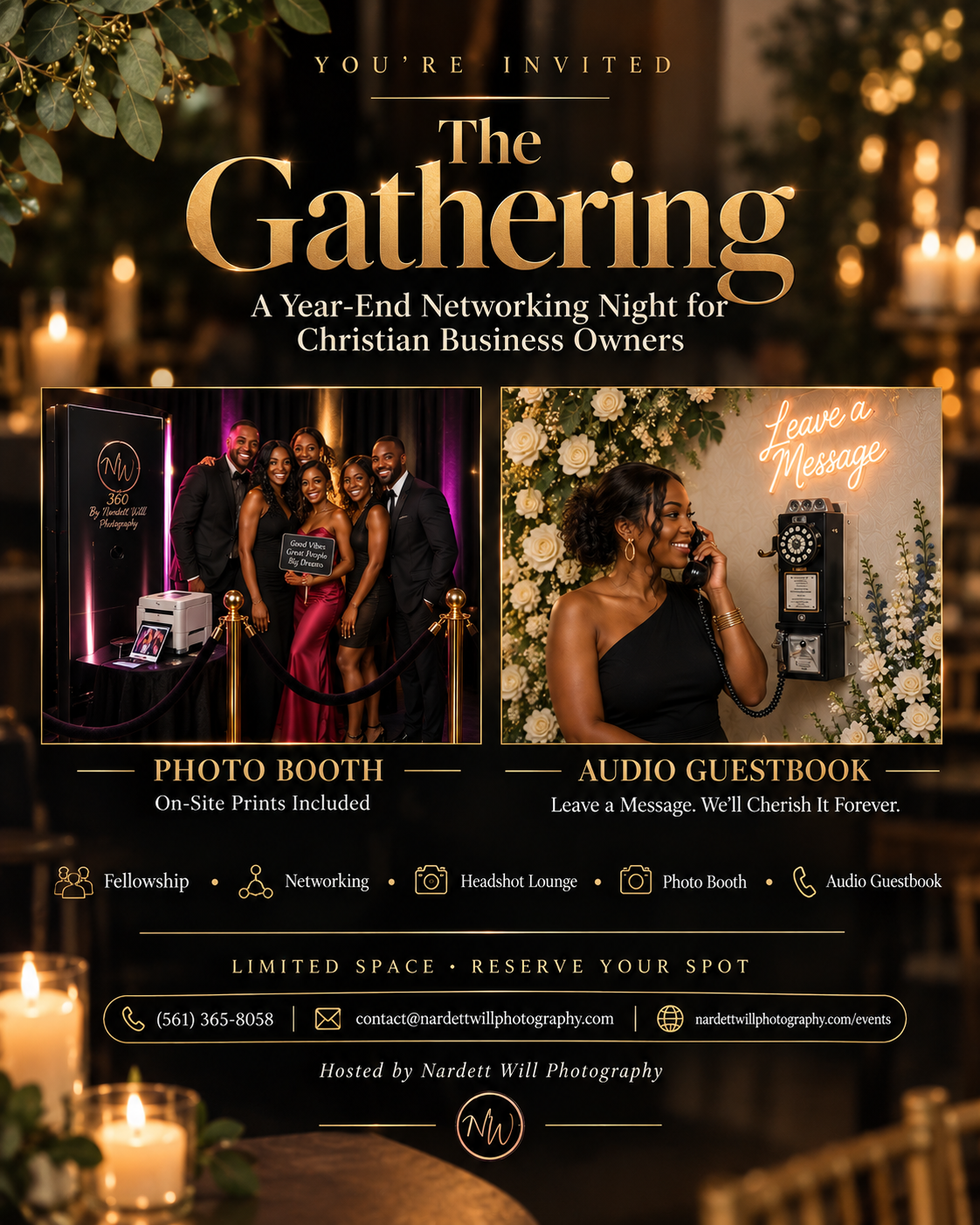 Guests posing at a photo booth with on-site prints at The Gathering networking event