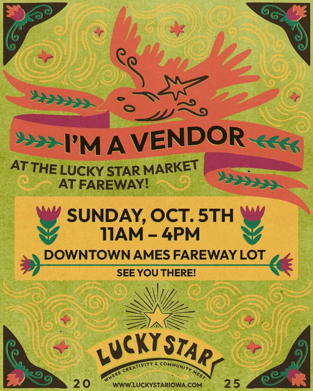 Come say hi to me at Lucky Star Iowa this Sunday from 11-4! I&rsquo;ll have digital and relief prints, postcards, and zines! #luckystariowa, #luckystarmarket, #luckystar, #luckyfinds  #ames #amesiowa #iowa