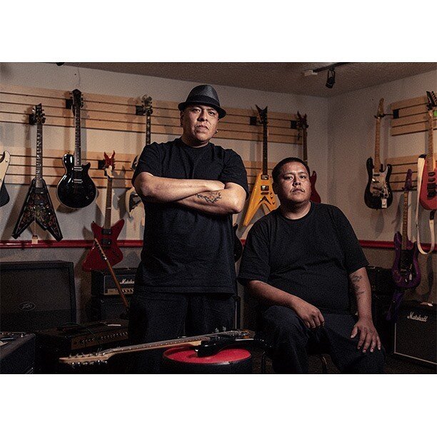 Meet the Moses brothers. Anthony and Aaron Moses of the Navajo Nation heavy metal band, WarMotor. They were the first shoot of my project, Heavy Metal Nation. (Swipe for the &quot;air-jamming&quot; photo).
&quot;We're a little lost [referring to a ge