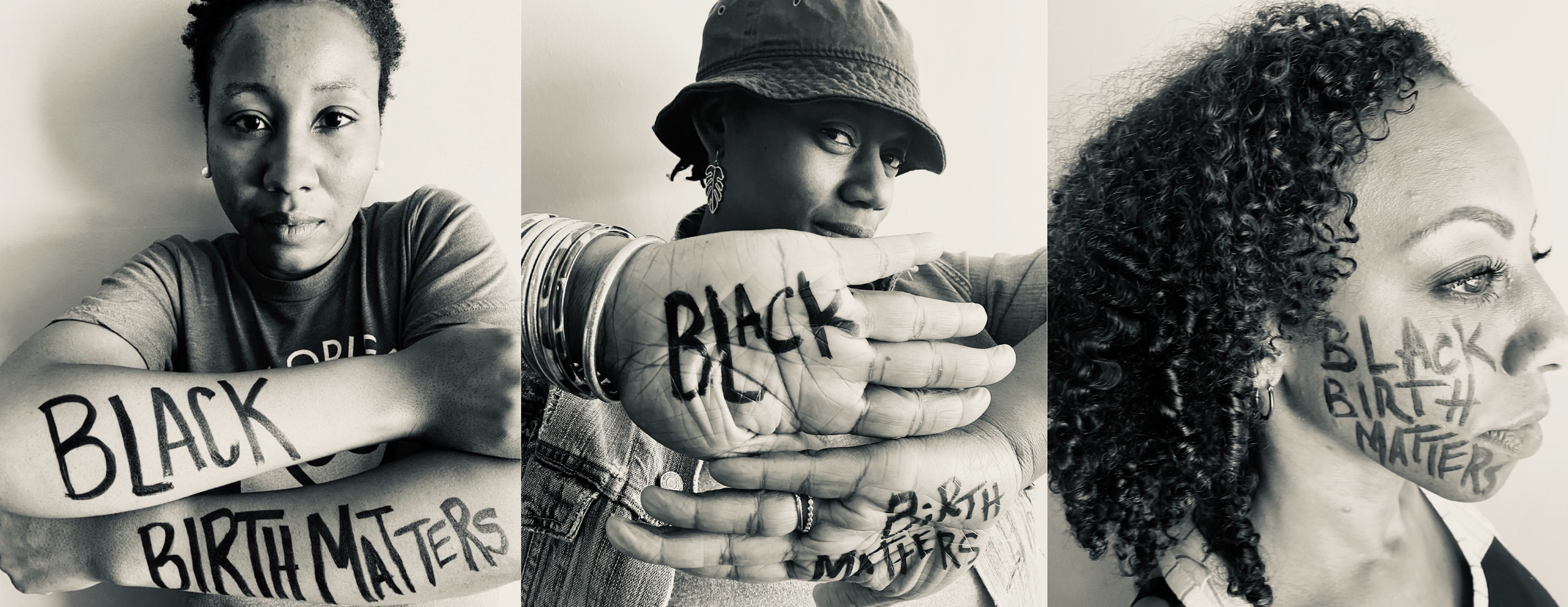 Image of 3 people with the words "Black Birth Matters" written on their arms, palms of hands, and on their face.