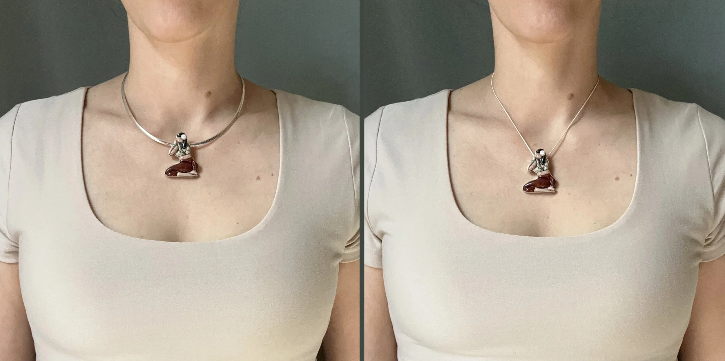 A side-by-side comparison of the drape between an omega chain and snake chain for a figurative pendant