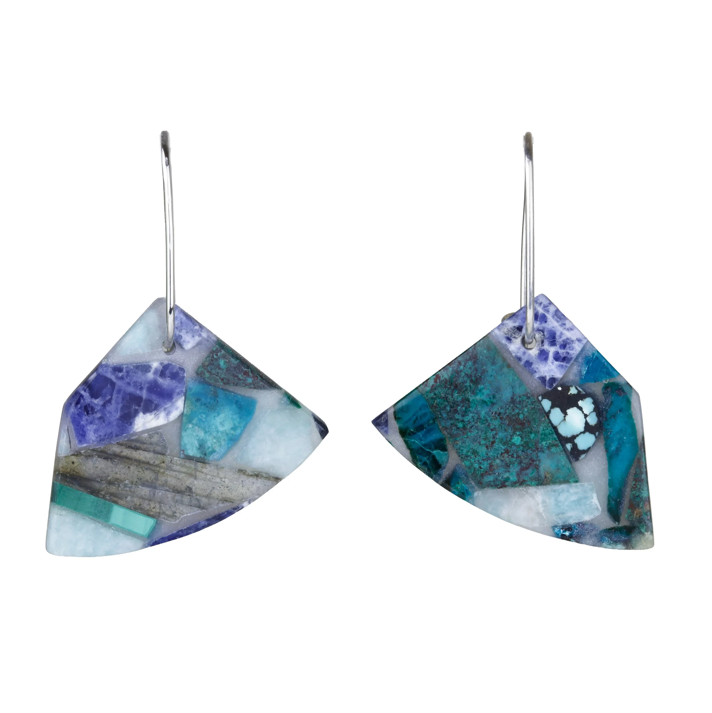Chip inlay mosaic earrings with natural stones amazonite, sodalite, chrysocolla; front view of product