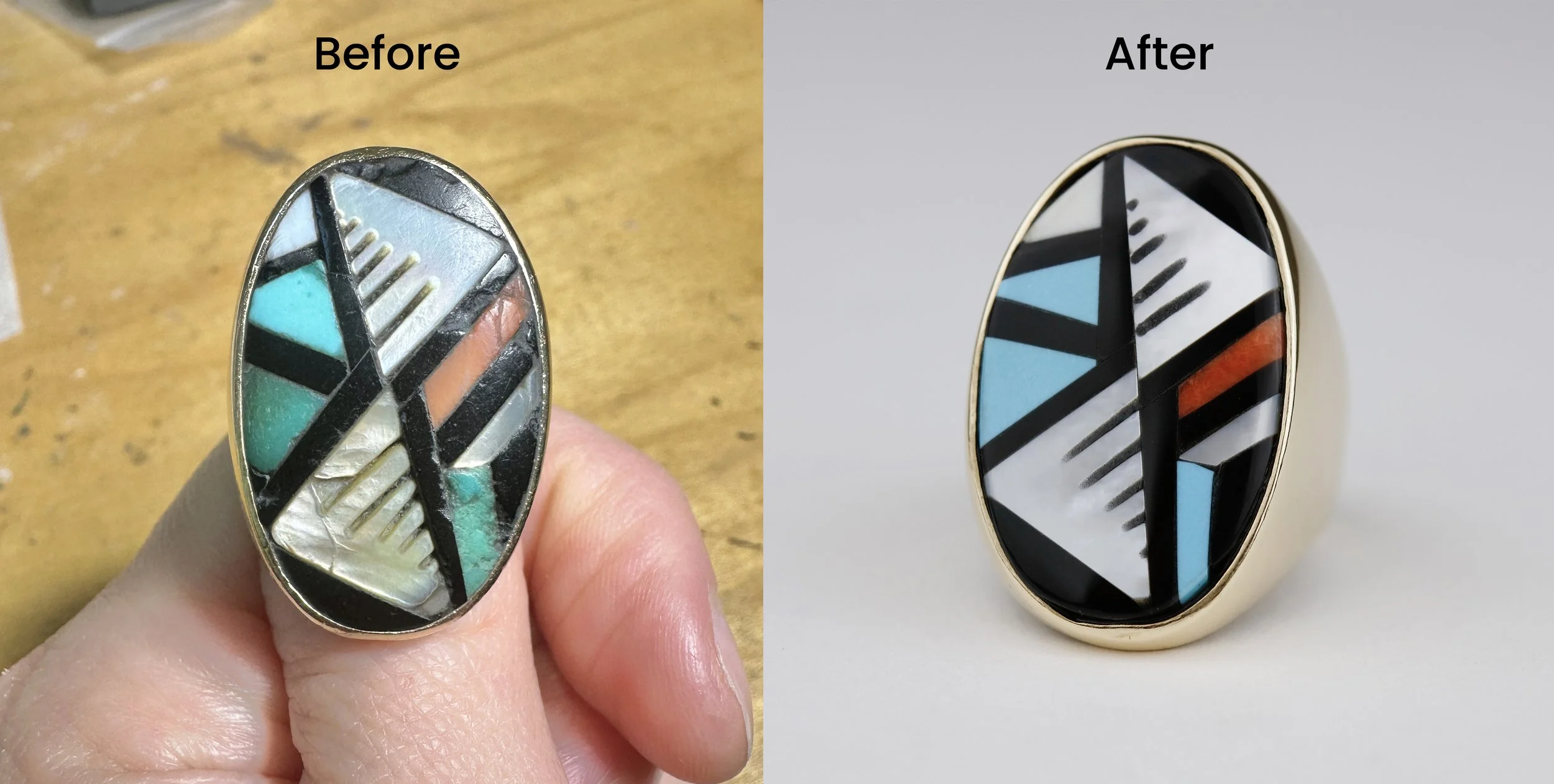 Native American Geometric Inlay Ring Repair