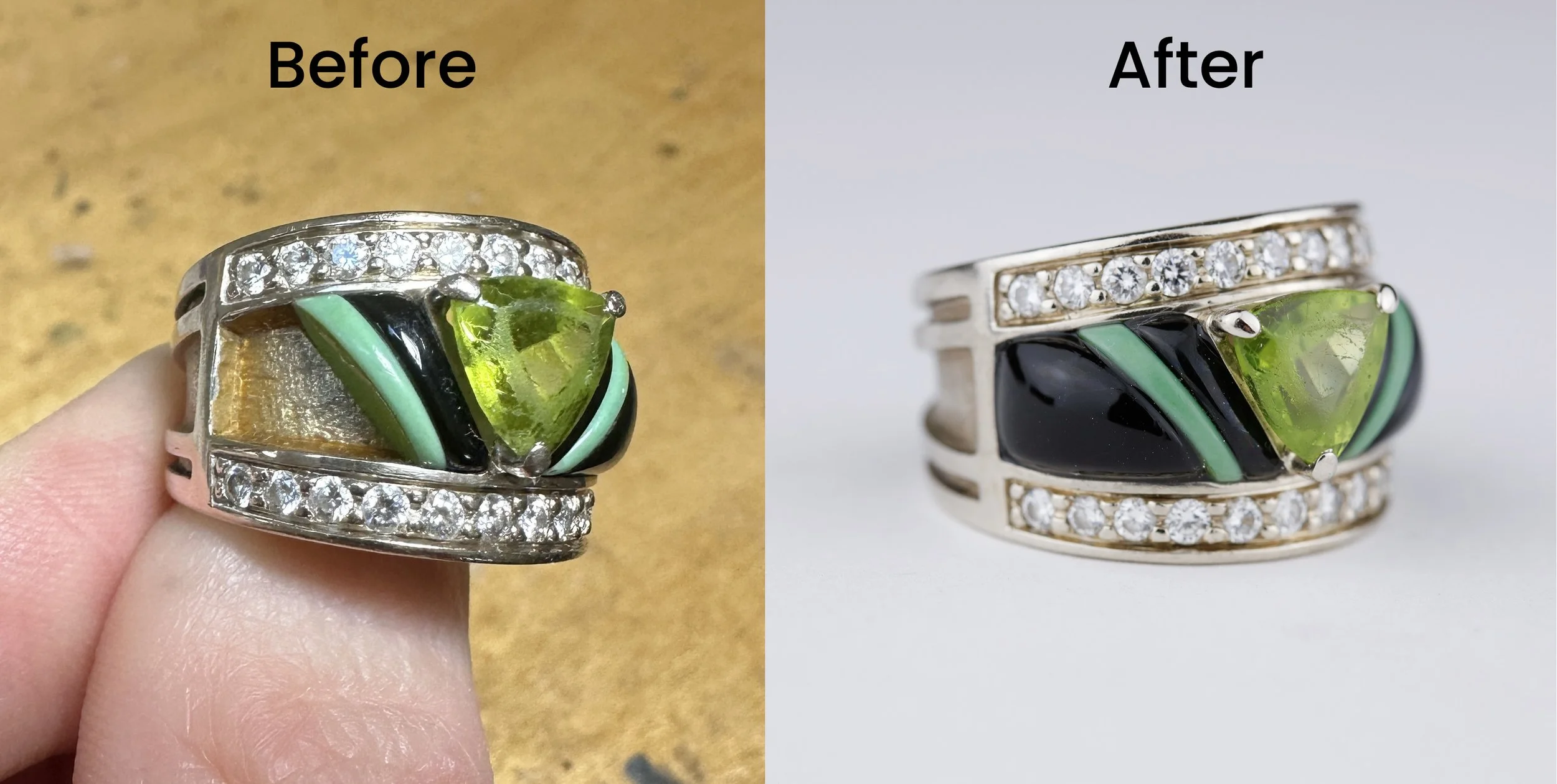John Tolle Inlay ring repair before and after