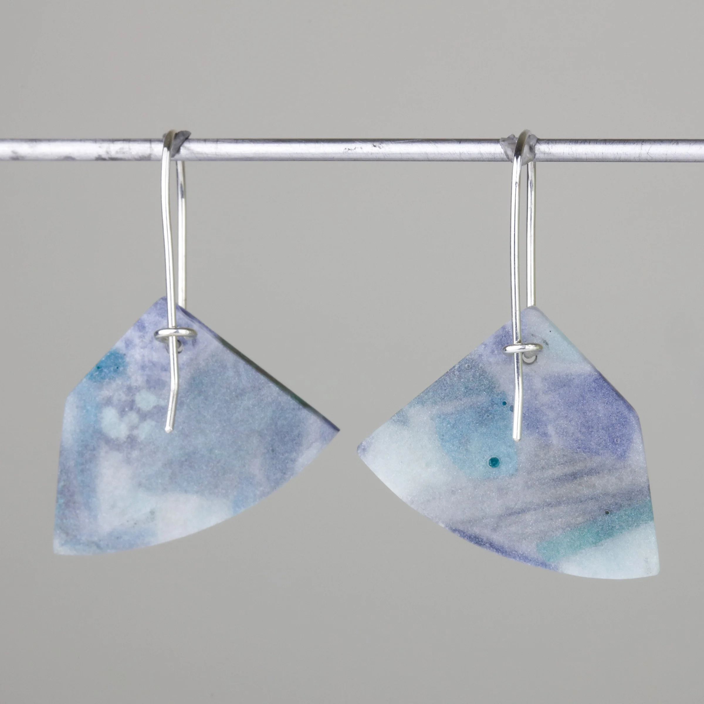 Mosaic earrings with semi-precious stones like amazonite, chrysocolla, sodalite, and others; back view of product