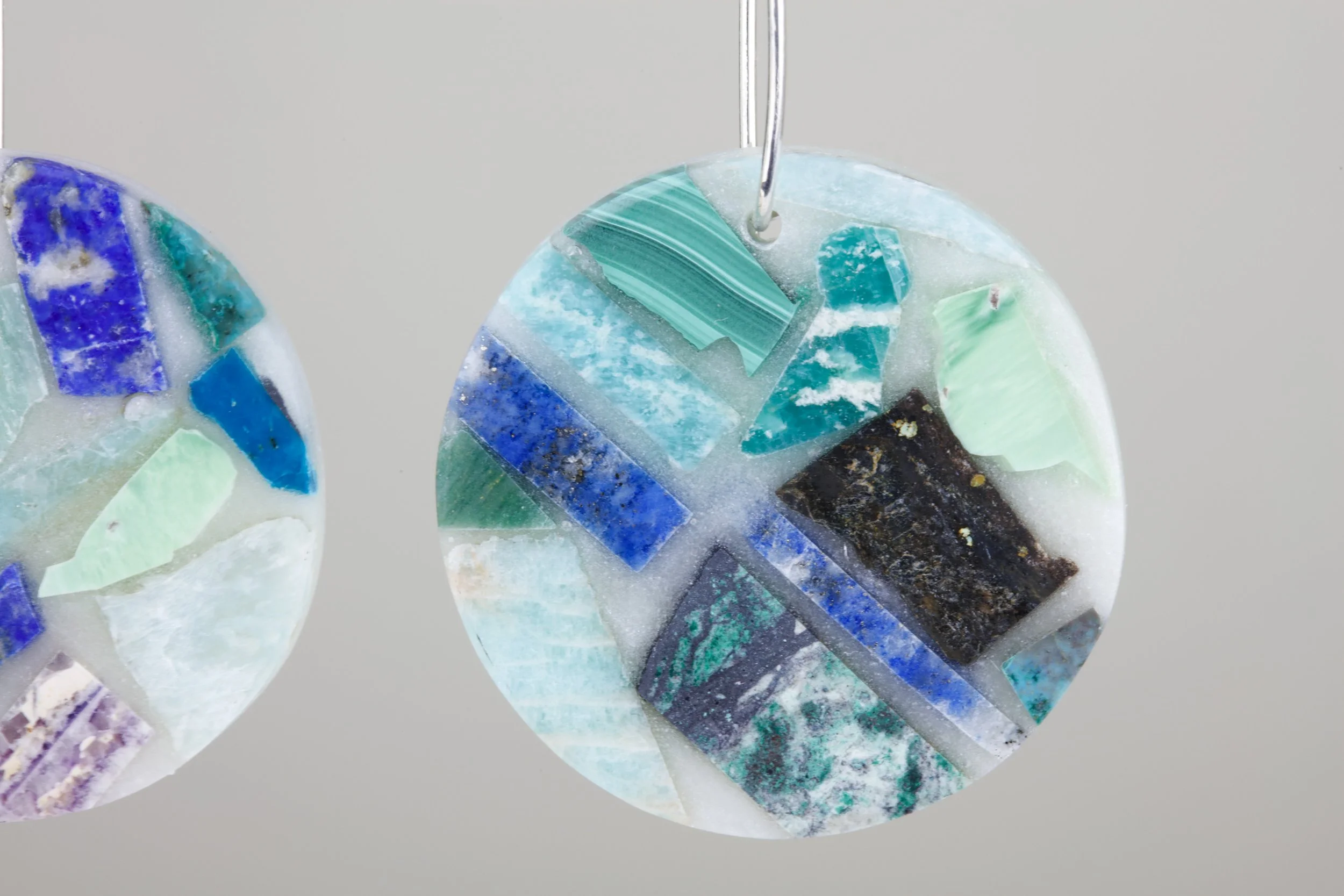 Semi-precious stone mosaic earrings, closeup of product