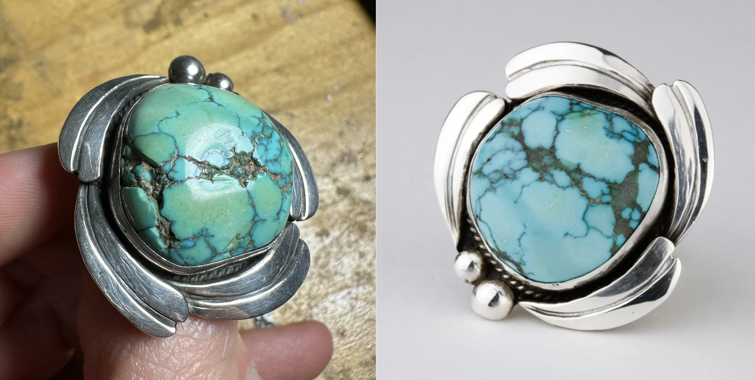 Before and after pictures showing the cracked turquoise in a silver ring, then how I repaired and stabilized it with epoxy.