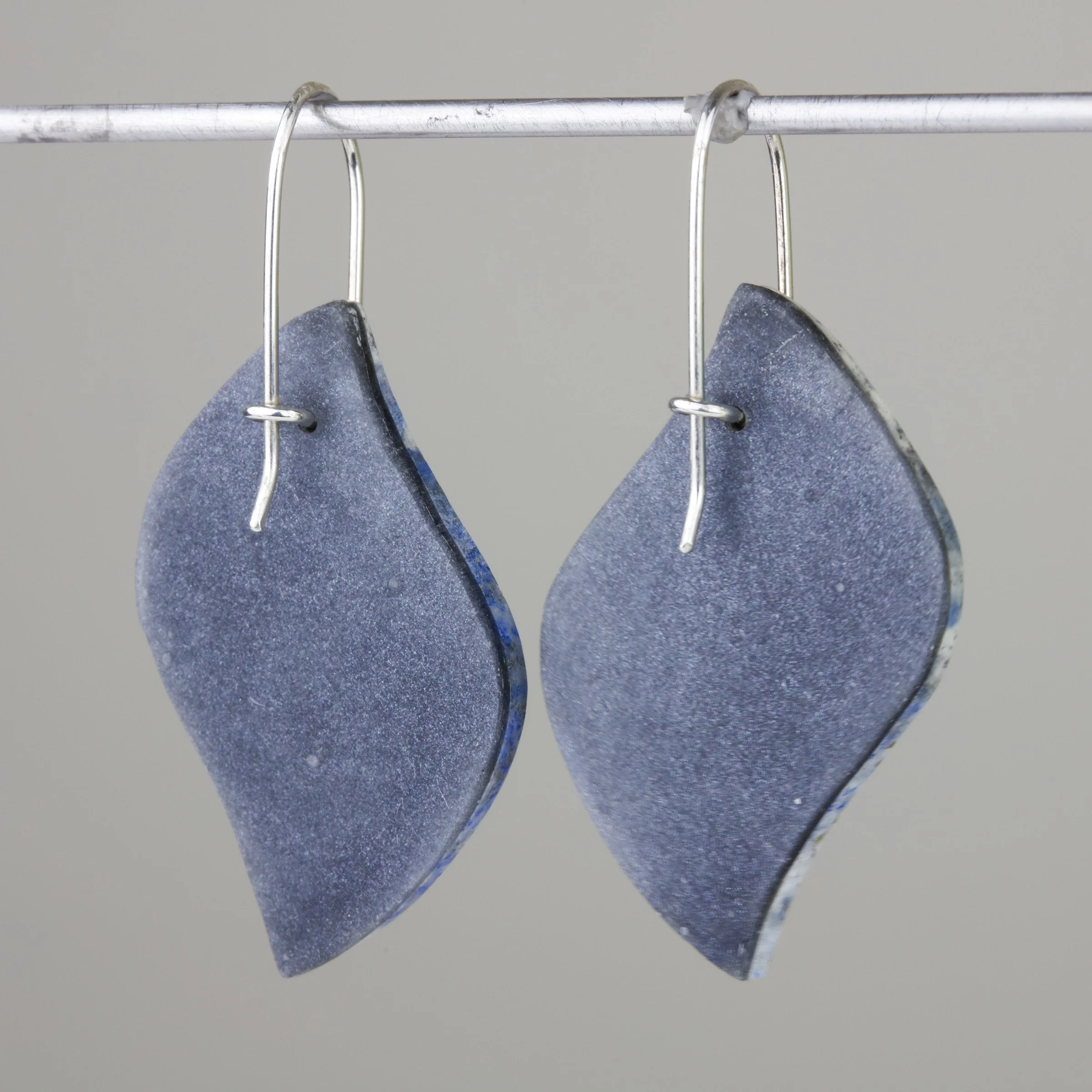 Natural lapis lazuli drop earrings; back view of product to show how they are backed with a special epoxy for strength