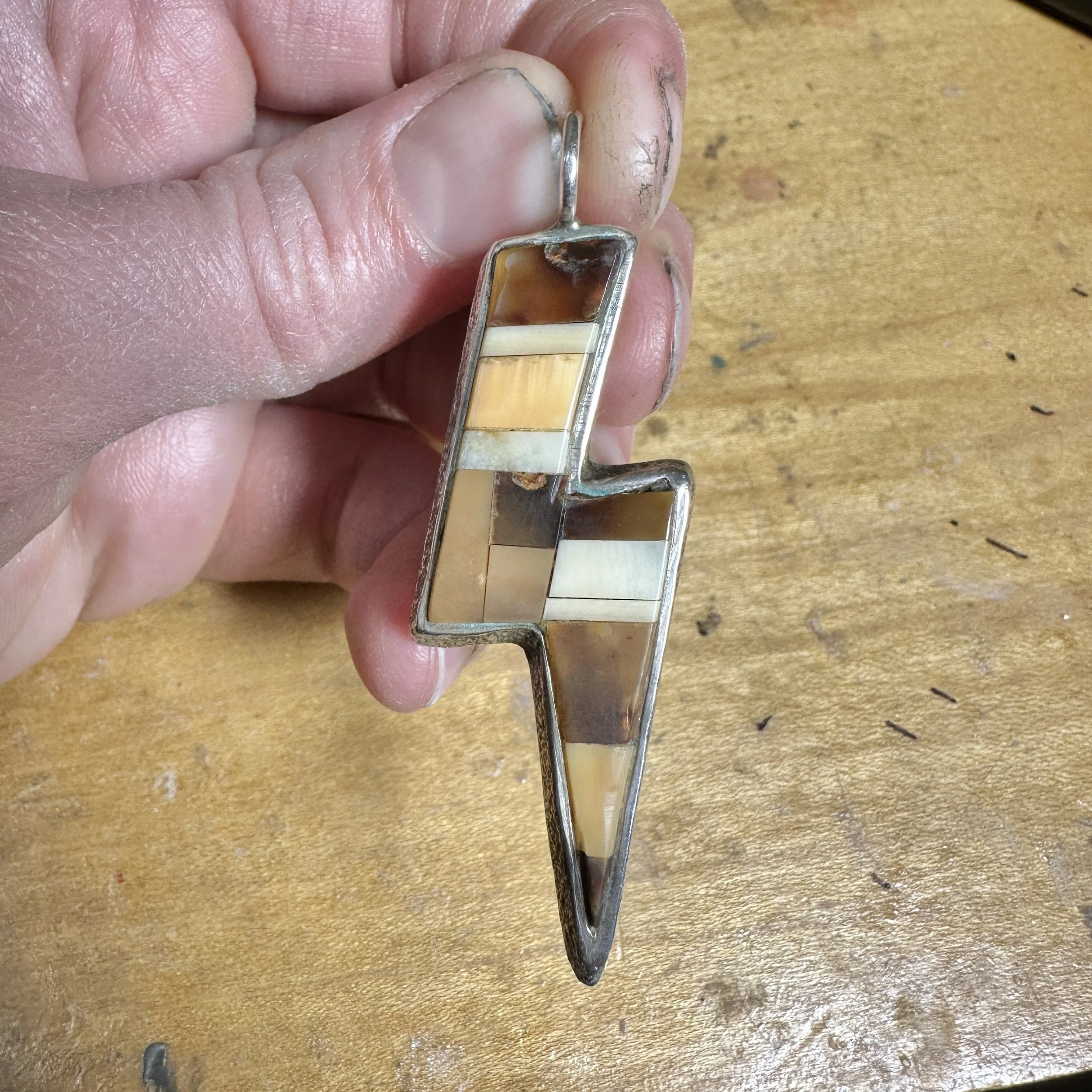 My lightning bolt pendant client came back again with another lightning bolt they found and wanted all of the stones replaced with mother-of-pearl.