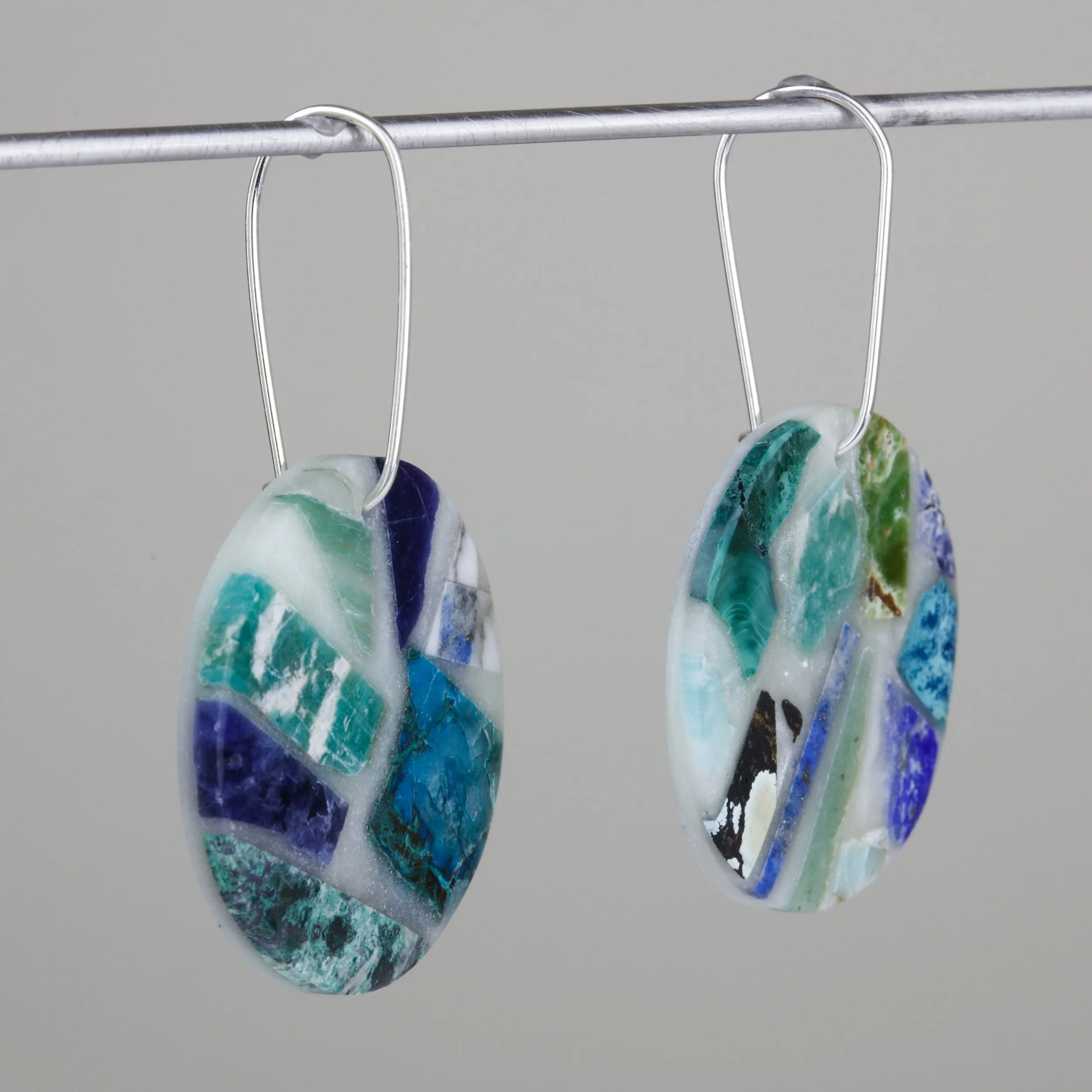 Semi-precious stone mosaic earrings with sterling silver and blue natural stones like amazonite, sodalite, chrysocolla; side view of product