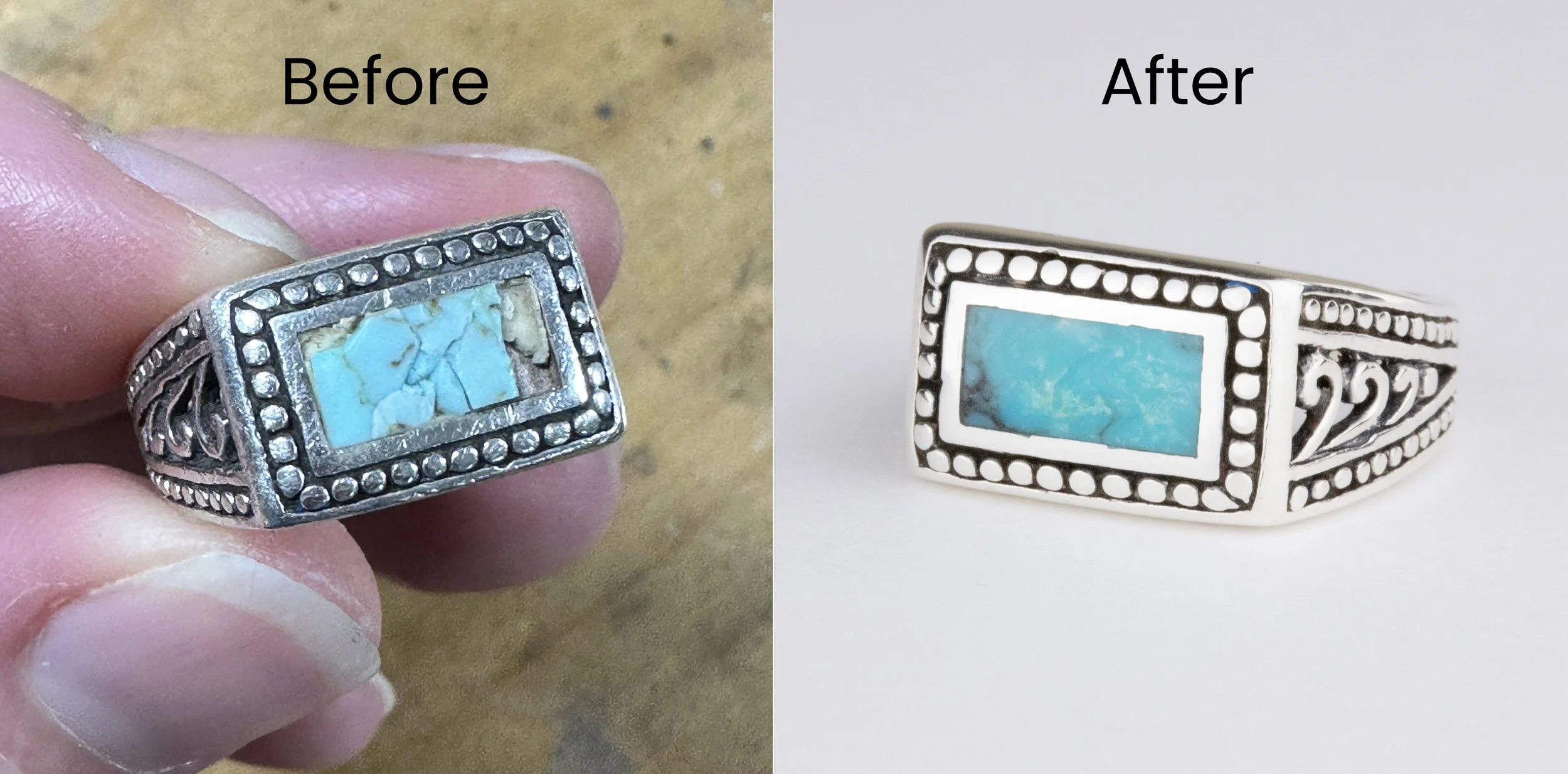 Turquoise inlay ring repair job showing before and after