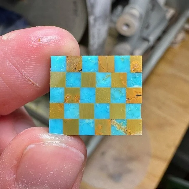 Stone checkerboard intarsia made with American turquoise and Hubei turquoise.