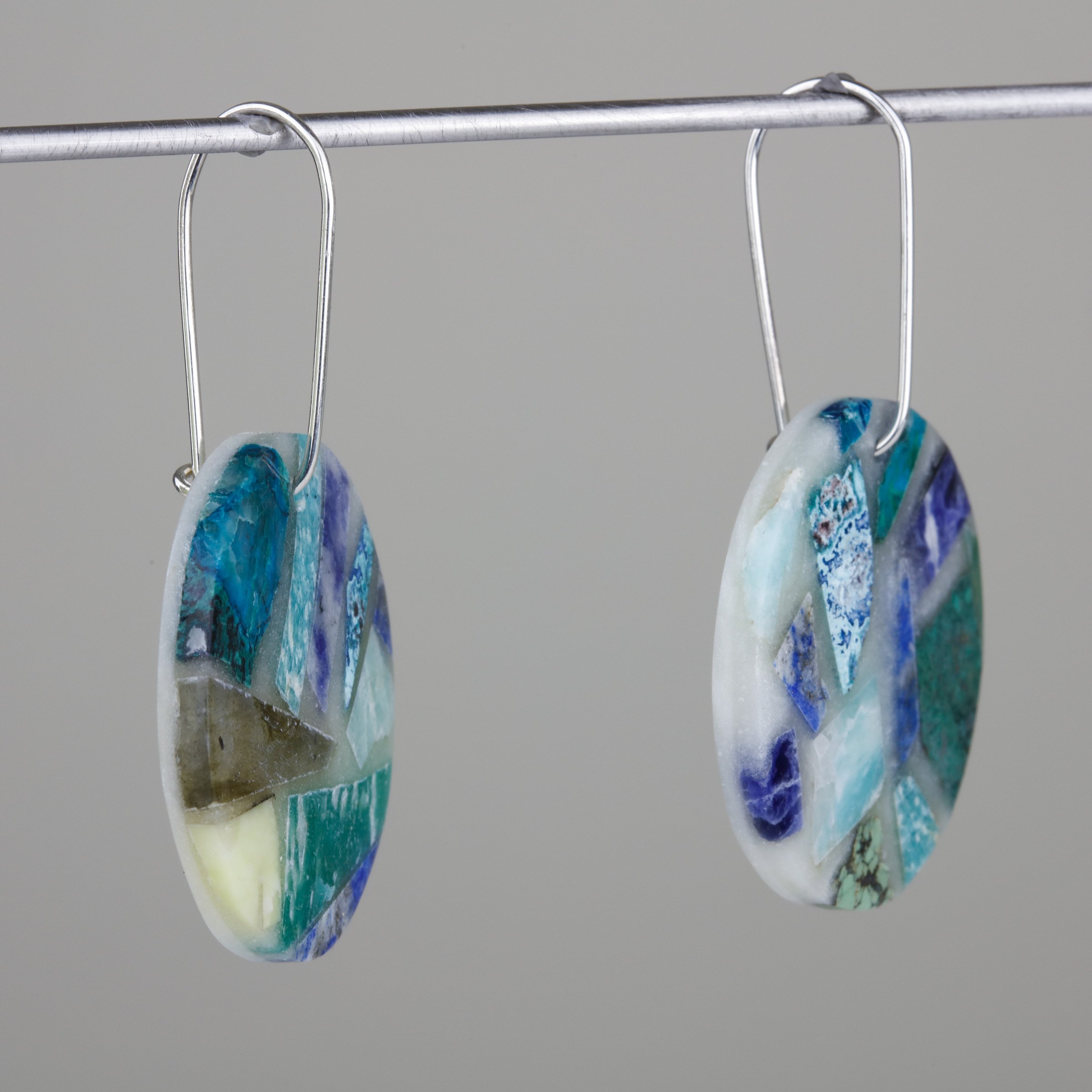 Natural stone mosaic earrings with sterling silver ear wires, side view of product