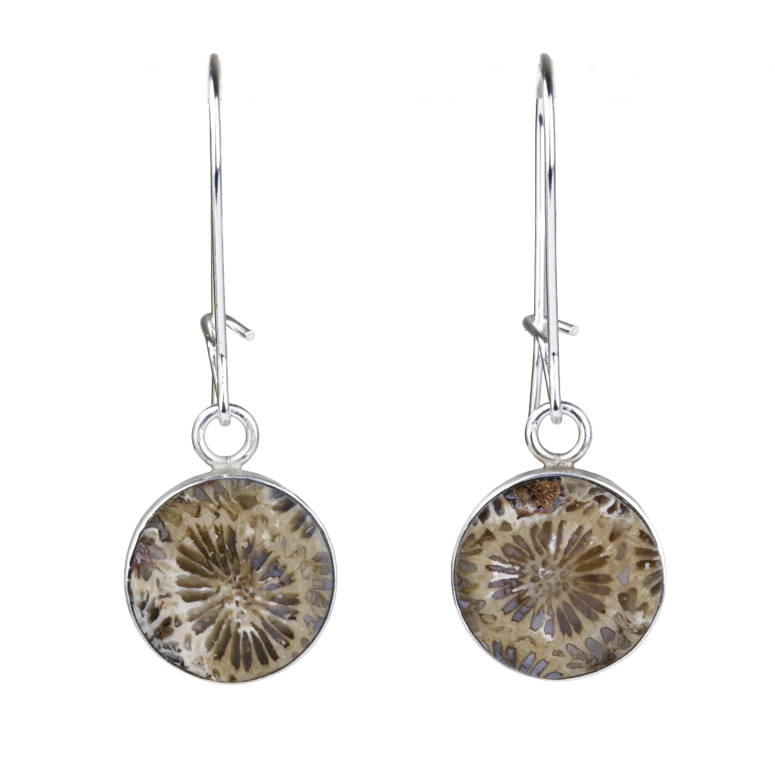 Agatized coral polyp earring hand-inlaid in sterling silver; front view of product