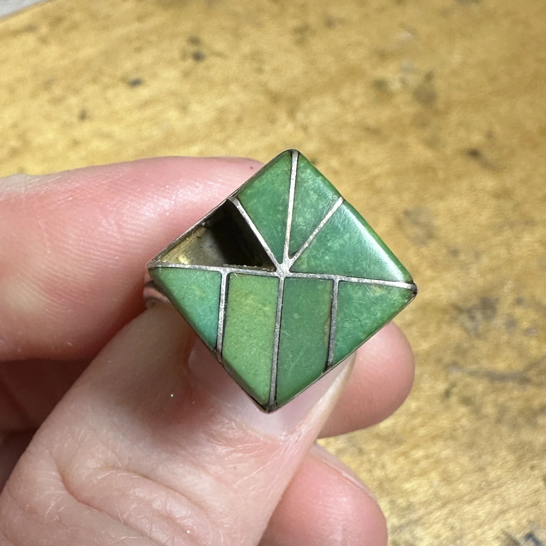 It would have been difficult to match the shade of this turquoise, which has greened over time due to absorbing oils, lotions, etc.