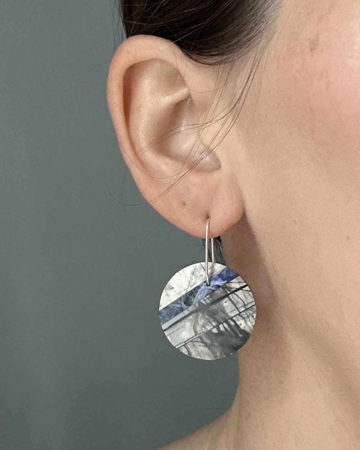 Picasso jasper and sodalite natural stone mosaic drop earrings; modeled on the lapidary artist Caitlin Albritton for scale