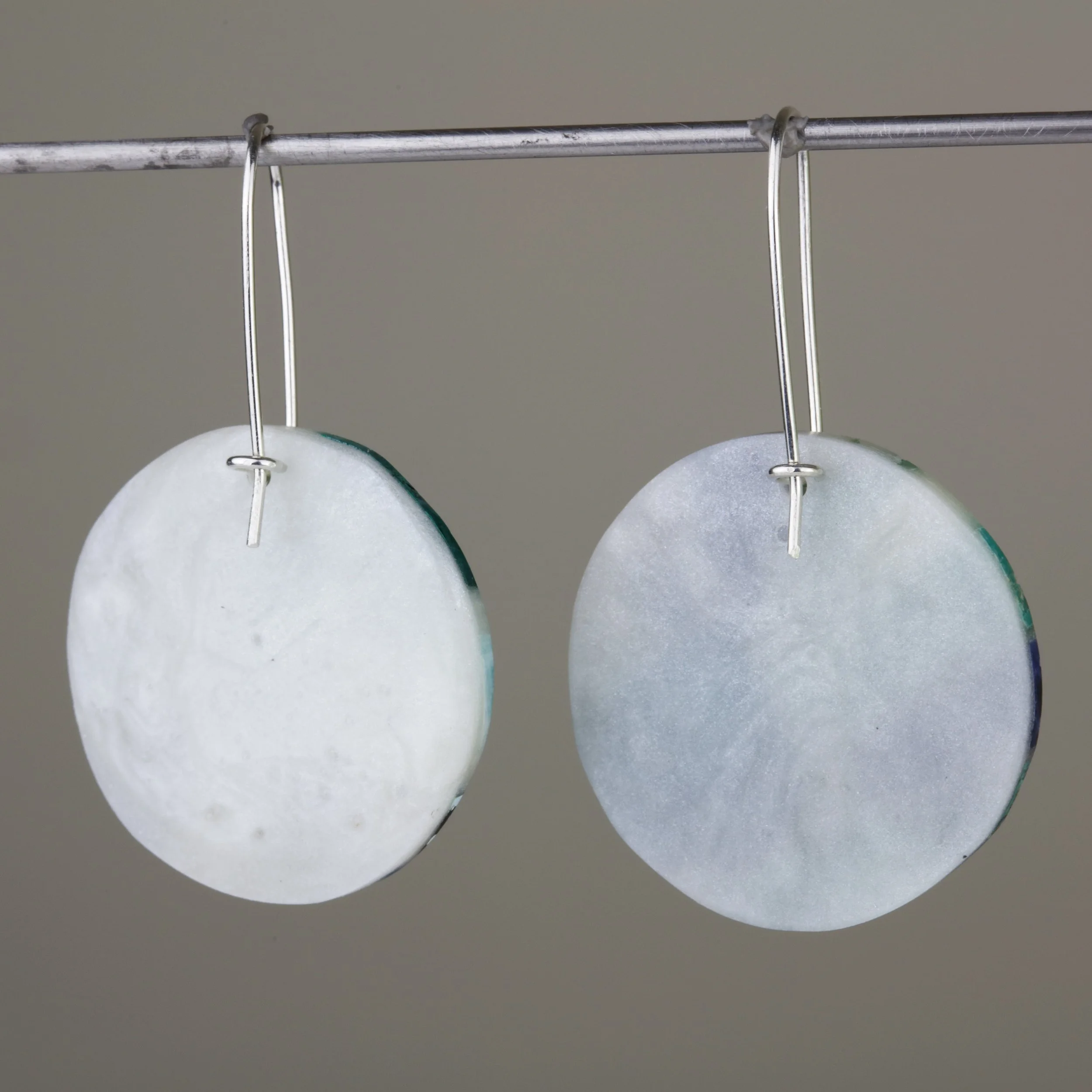 Semi-precious stone mosaic earrings with sterling silver and amazonite, lapis, sodalite, chrysocolla; back view of product