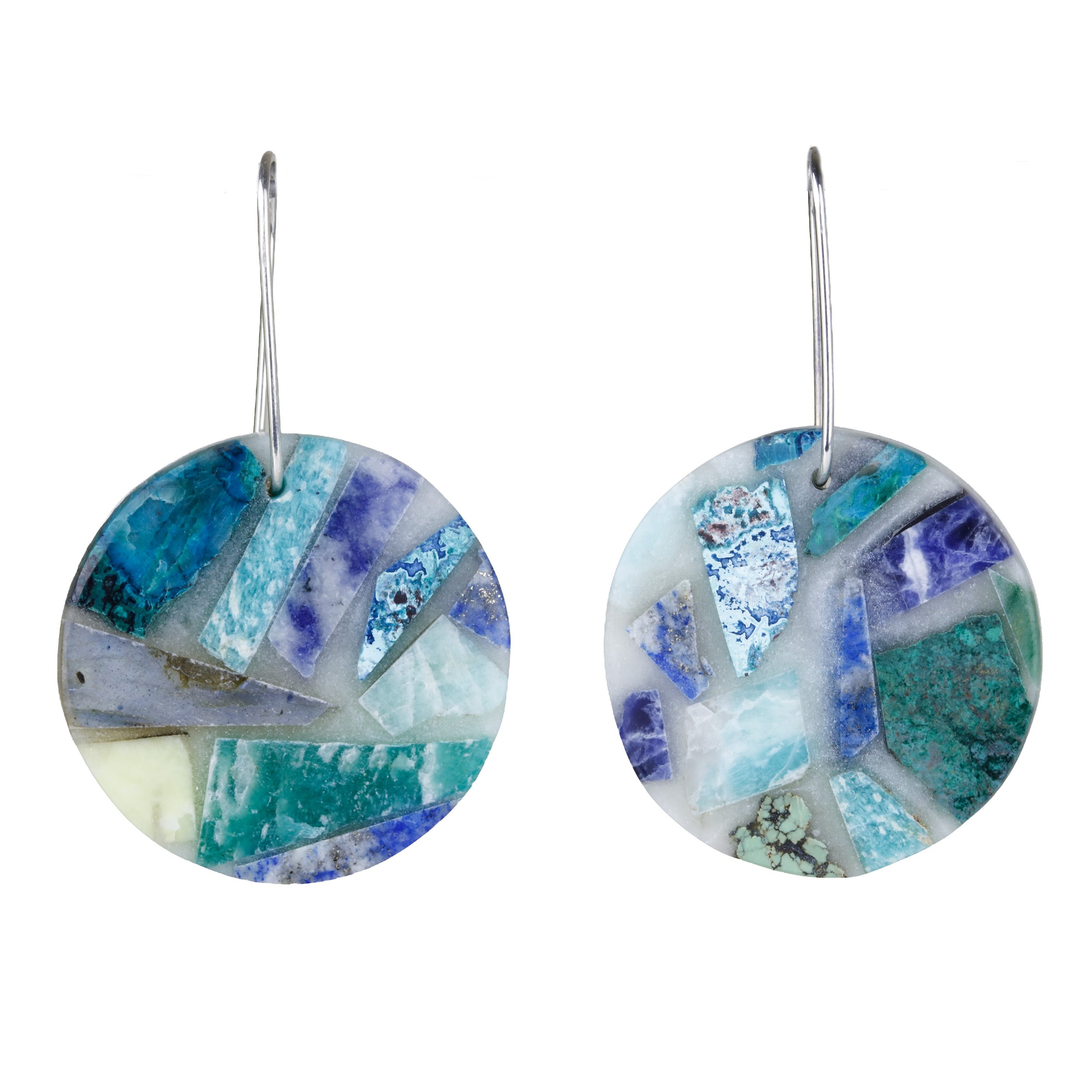 Natural stone mosaic earrings with amazonite, chrysocolla, shattuckite, and there blue stones, main front view