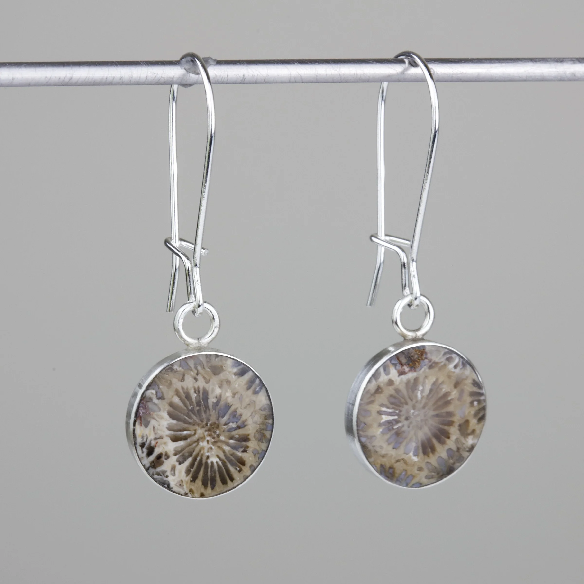 lightweight agatized coral inlay earrings with sterling silver; side view of product