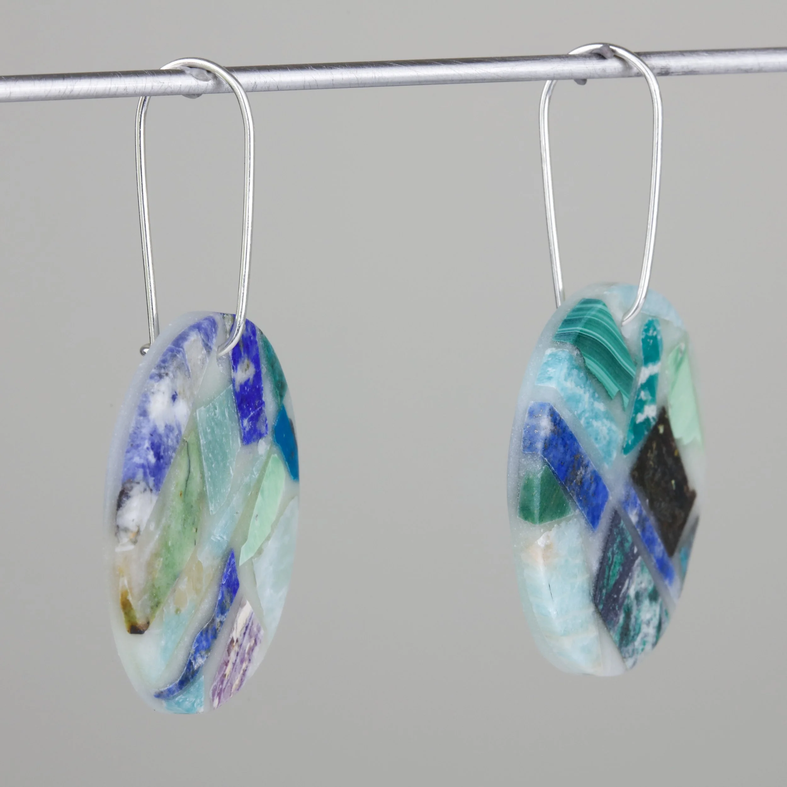 Semi-precious stone mosaic earrings with malachite, lapis lazuli, and chrysocolla, side view of product