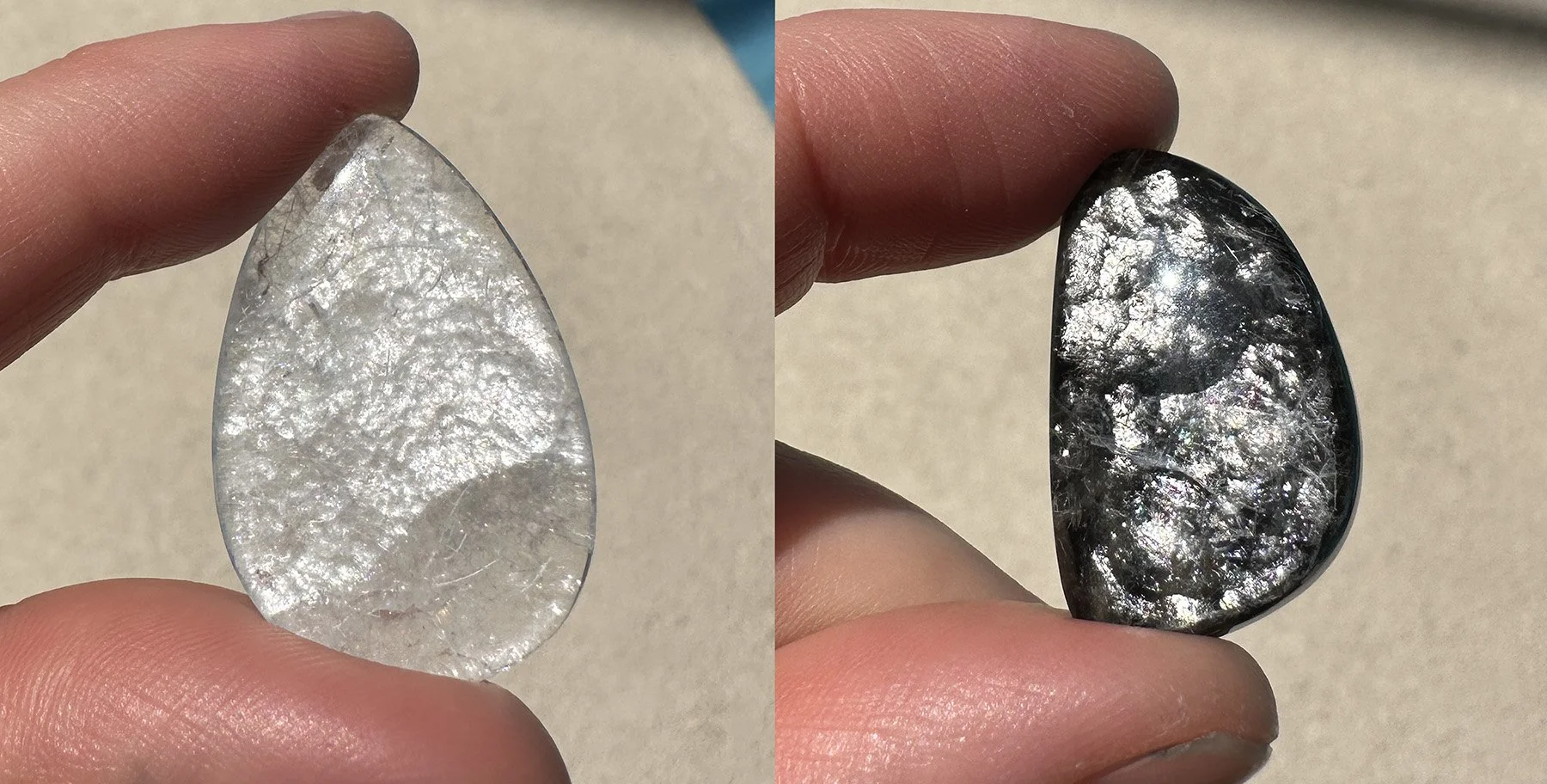 A side-by-side comparison of the visual effects of a doublet in stone jewelry. The hyalite opal on the left is not backed, while the one on the right is backed (aka is a doublet)