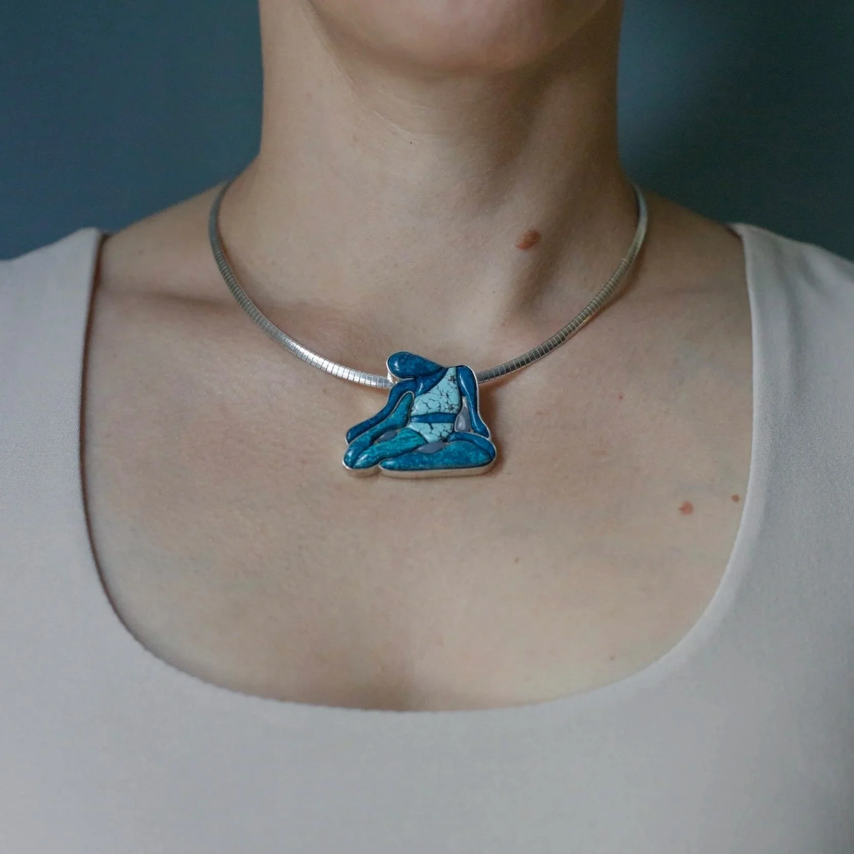 Meditative Figure Inlay Pendant with hand-cut shattuckite and Hubei turquoise