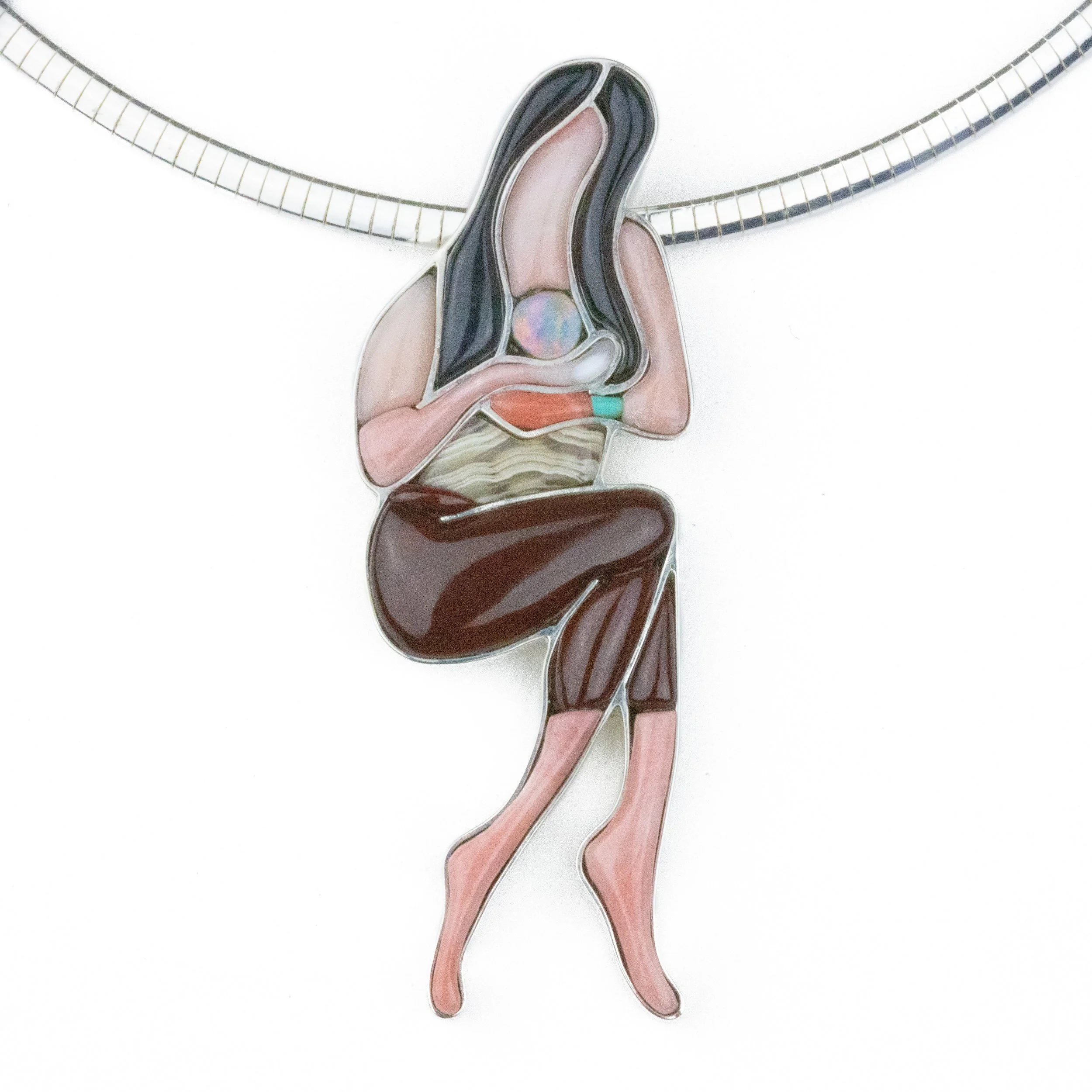 Cobblestone inlay pendant of a woman figure made with pink opal, Australian opal, lace agate, and other stones