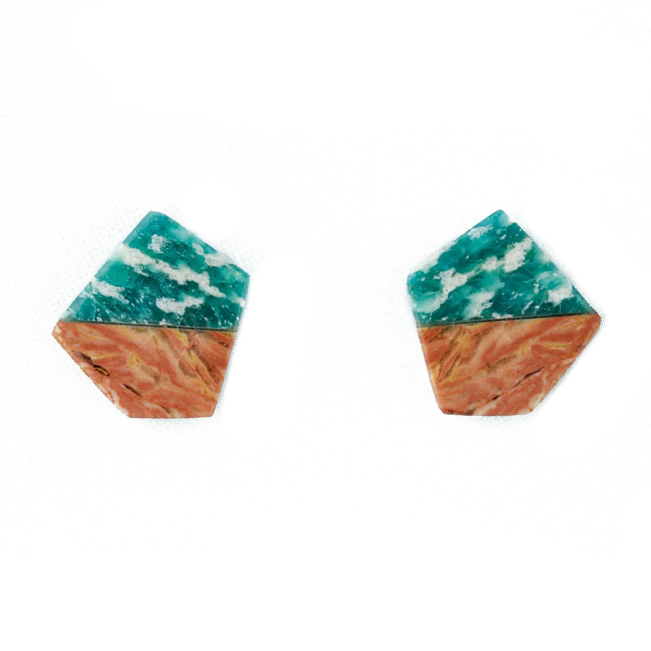 Natural stone mosaic studs with perthite, howardite and sterling silver; front view of product