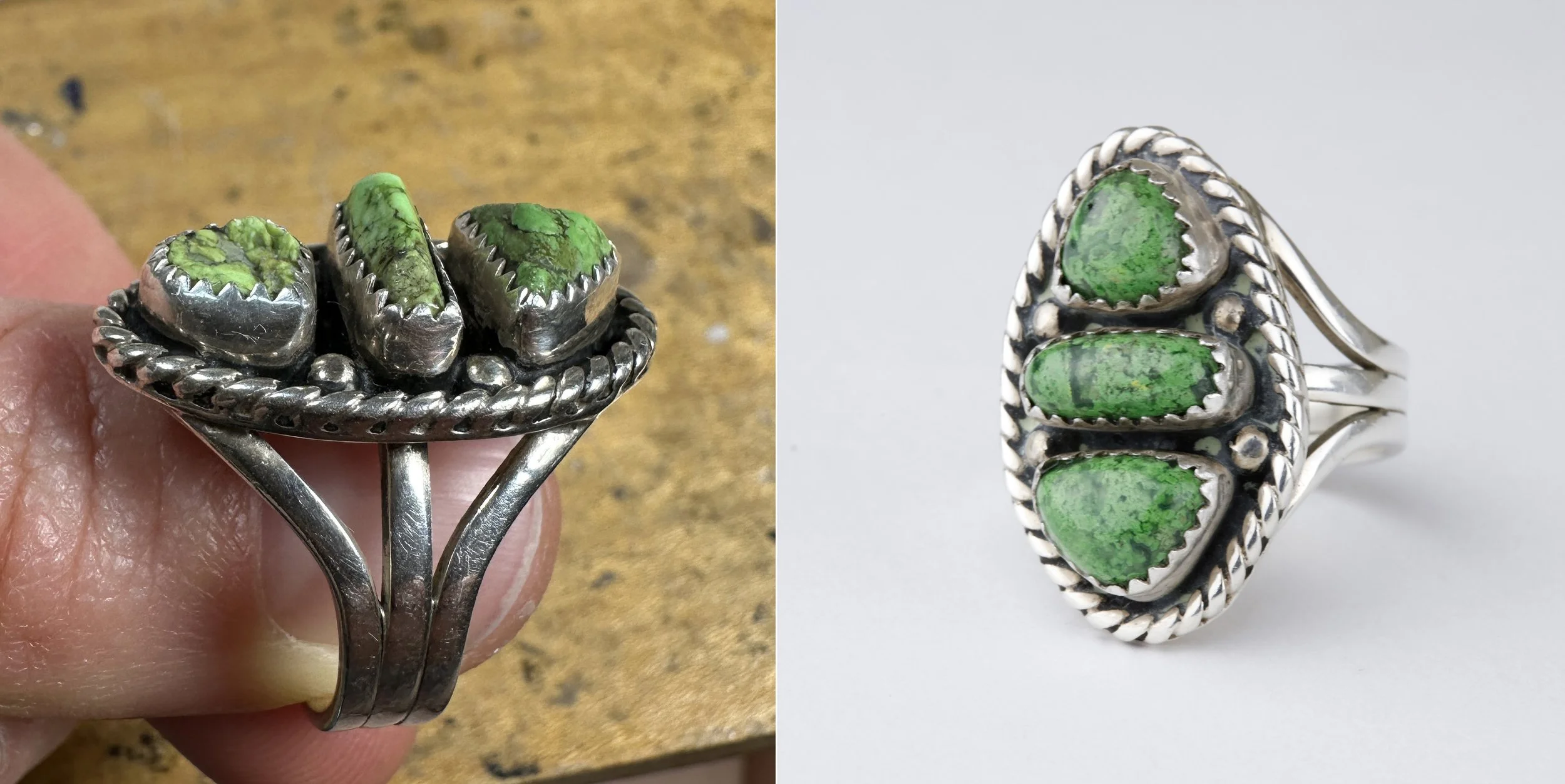 A before and after showing a ring with cracked stones. The after picture shows closely matching replacement stones in the ring.