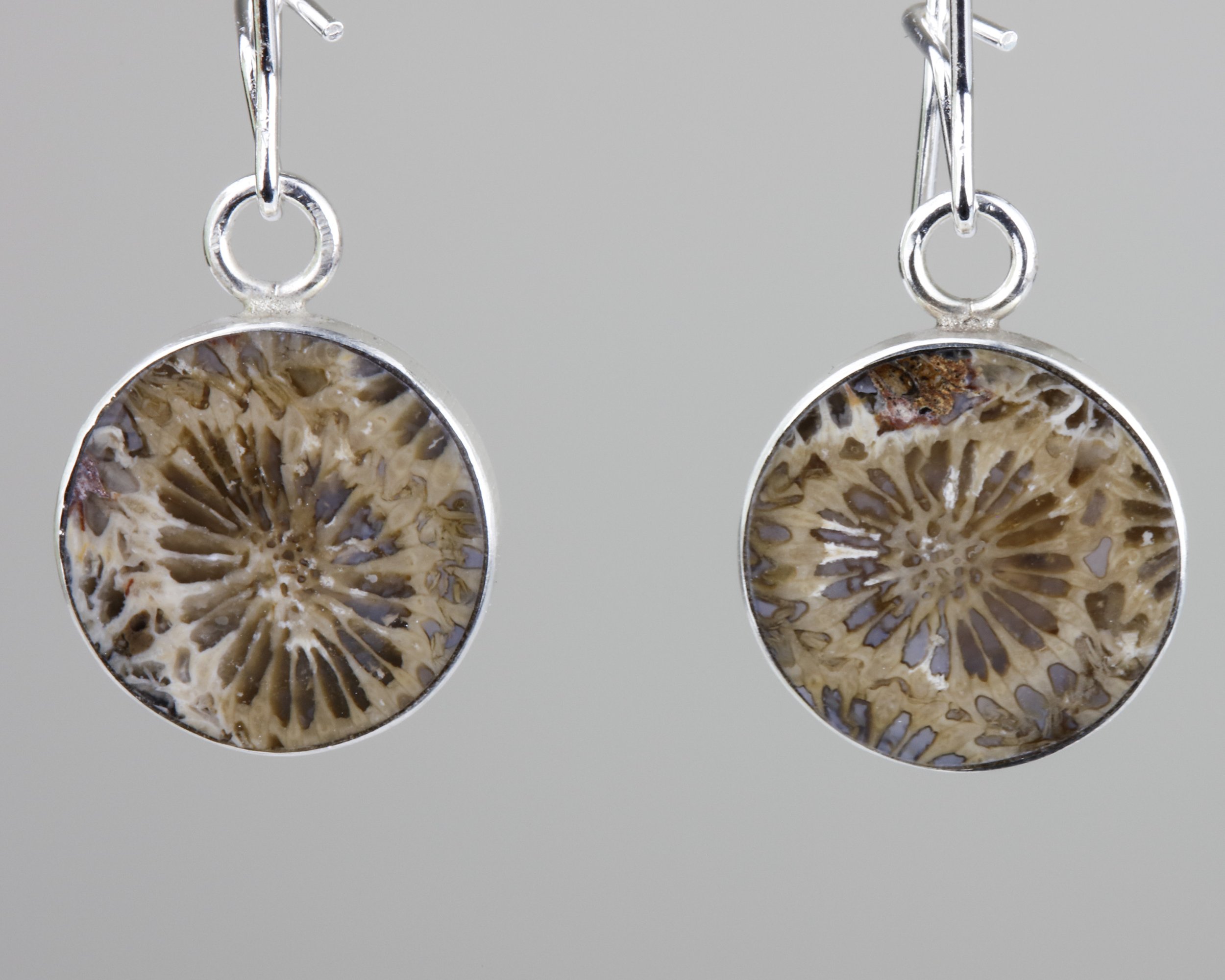 Agatized coral bloom inlay earrings with sterling silver; closeup view of product