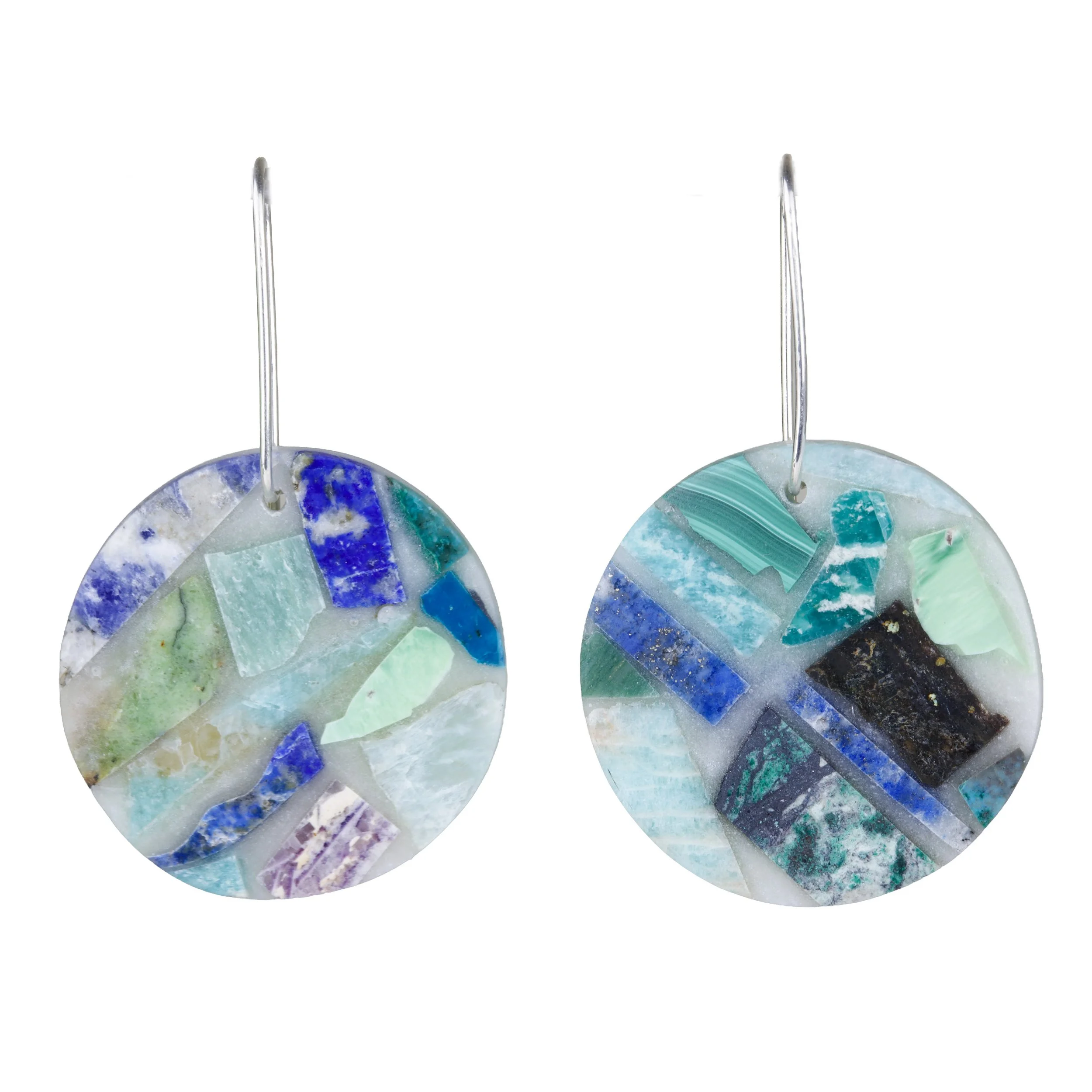 Natural precious stone shard earring mosaic with lapis lazuli, malachite, chrysocolla, and others, front view of product