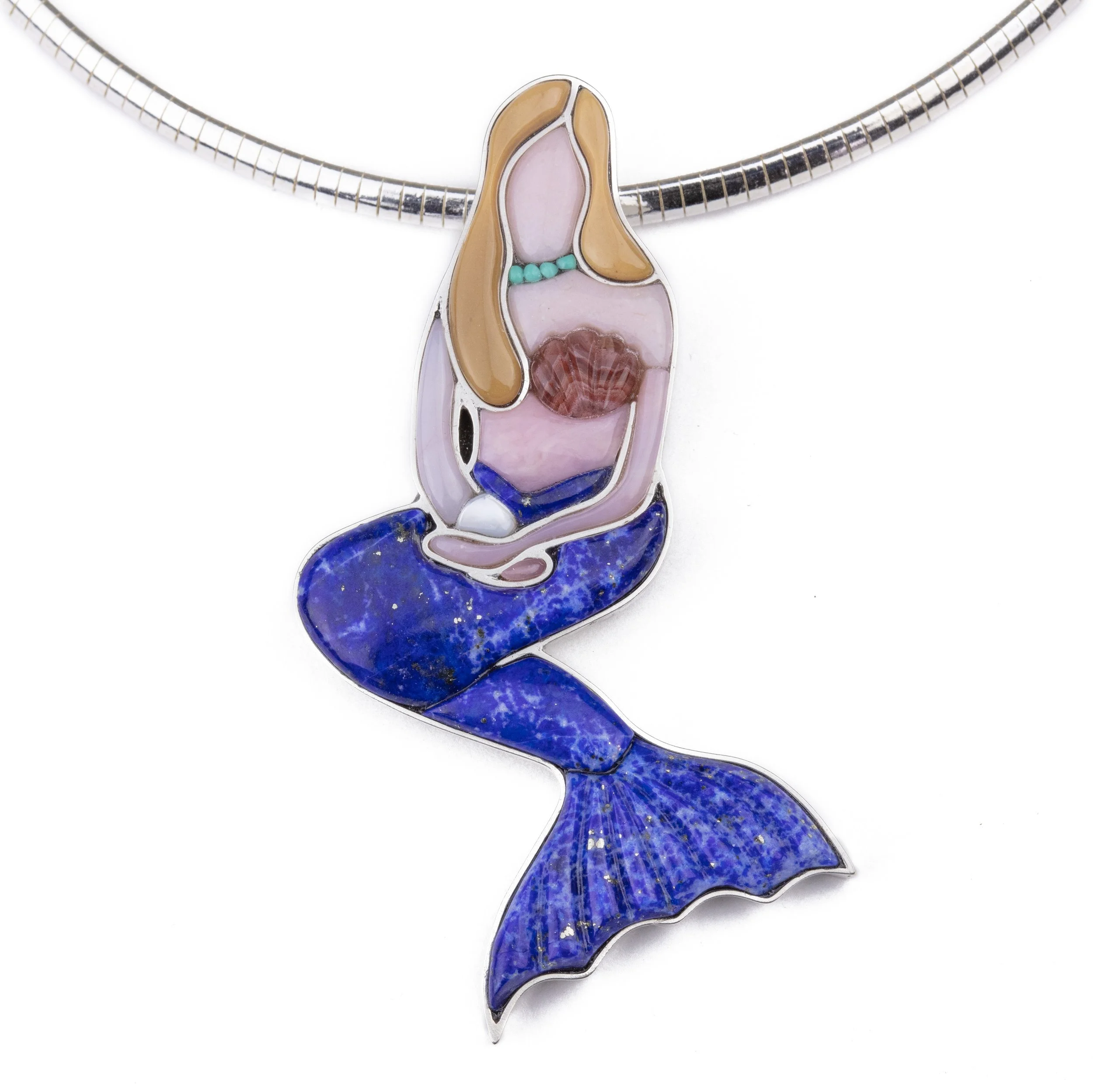 Mermaid Pendant Inlaid with Opal, Lapis Lazuli, turquoise, laguna agate and mother of pearl