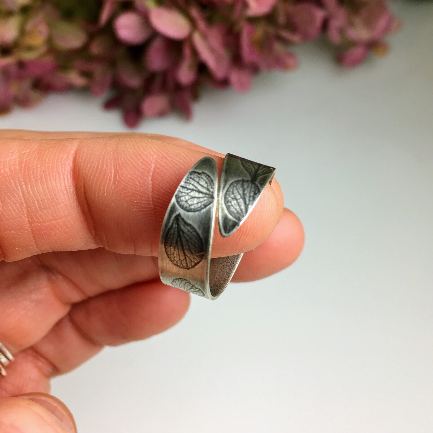 Thin Band Adjustable Sterling Silver Ring, Nature Impression