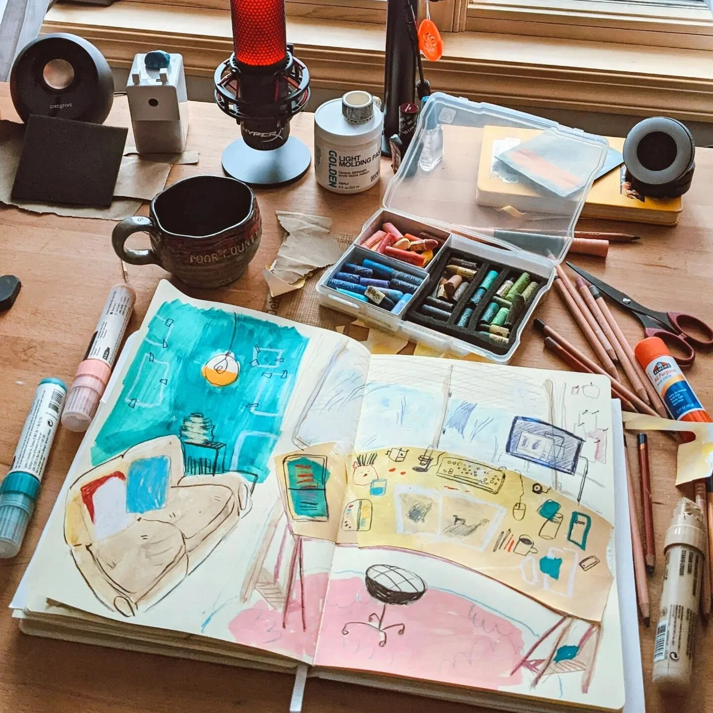 My desk is not that small but I always end up with just a tiny bit of space to fit a sketchbook. What's the rest you ask? well, everything else that I could possibly need... 😉
Plus a few more things just to be sure 😅🎨

#sketchbookpage #workspace #