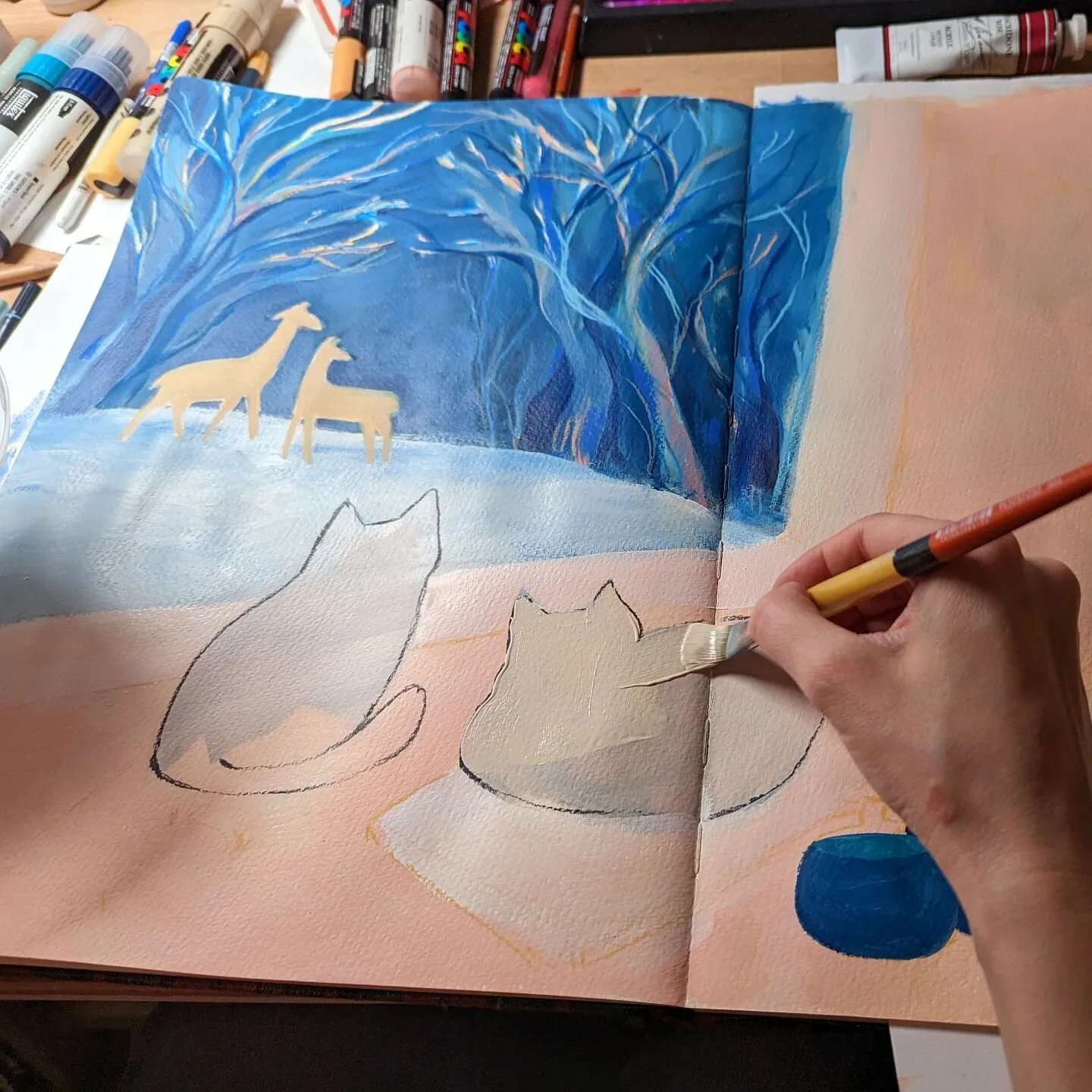 ❄️🦌😺 🎨 

&quot;Luckily&quot; we can look forward to six more weeks of winter so I'll have plenty of time to practice snowy scenes.. 😅

#wip #snow #sketchbookpage
#windowview #artdaily