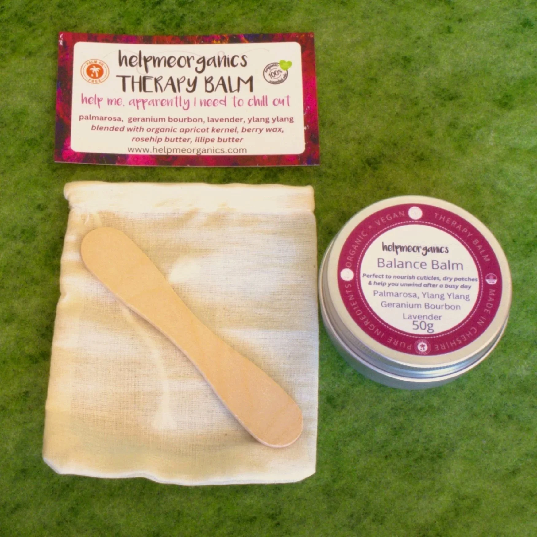 Balance Balm 50g in aluminium tin with wooden spatula and hessian bag