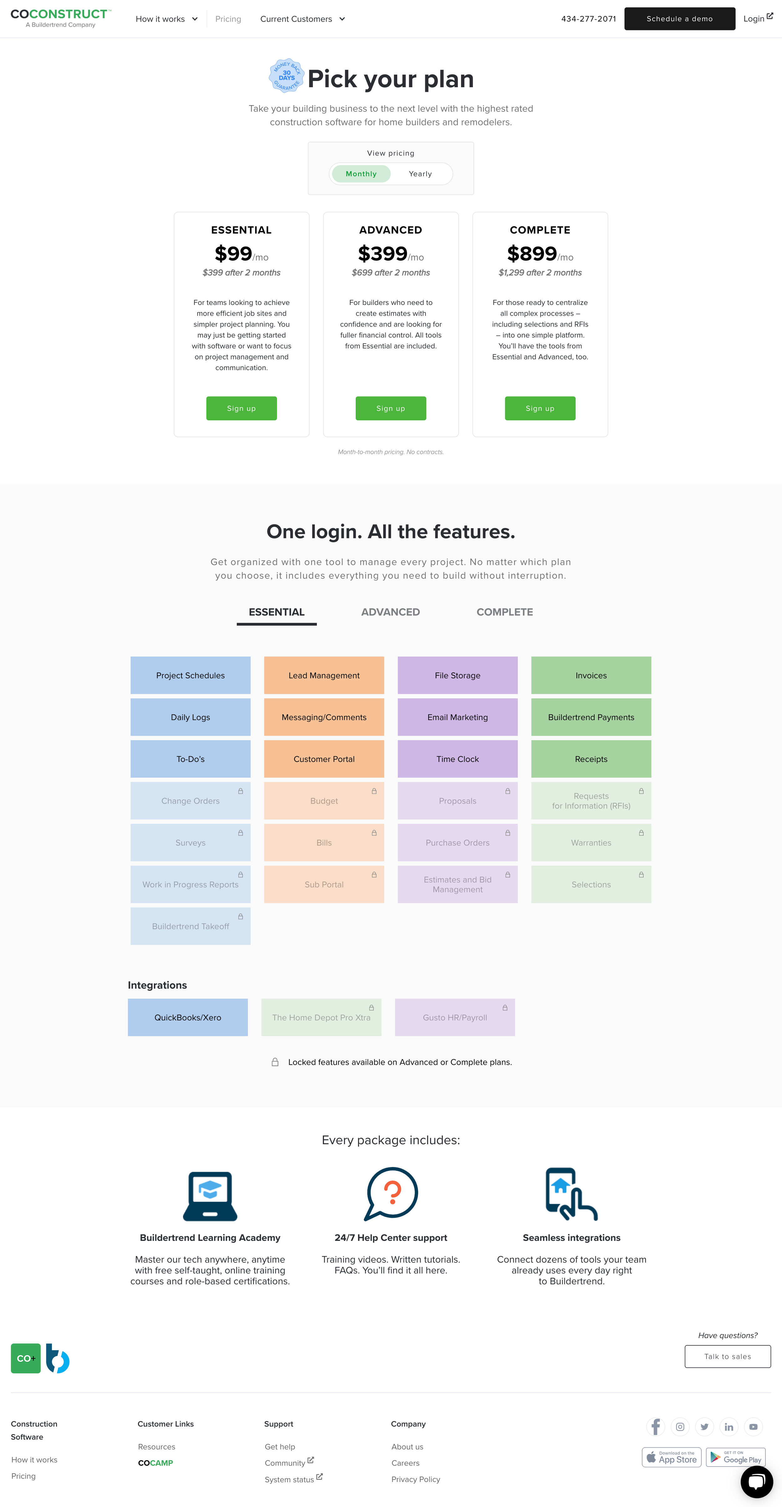CoConstruct 3 tier pricing chart.