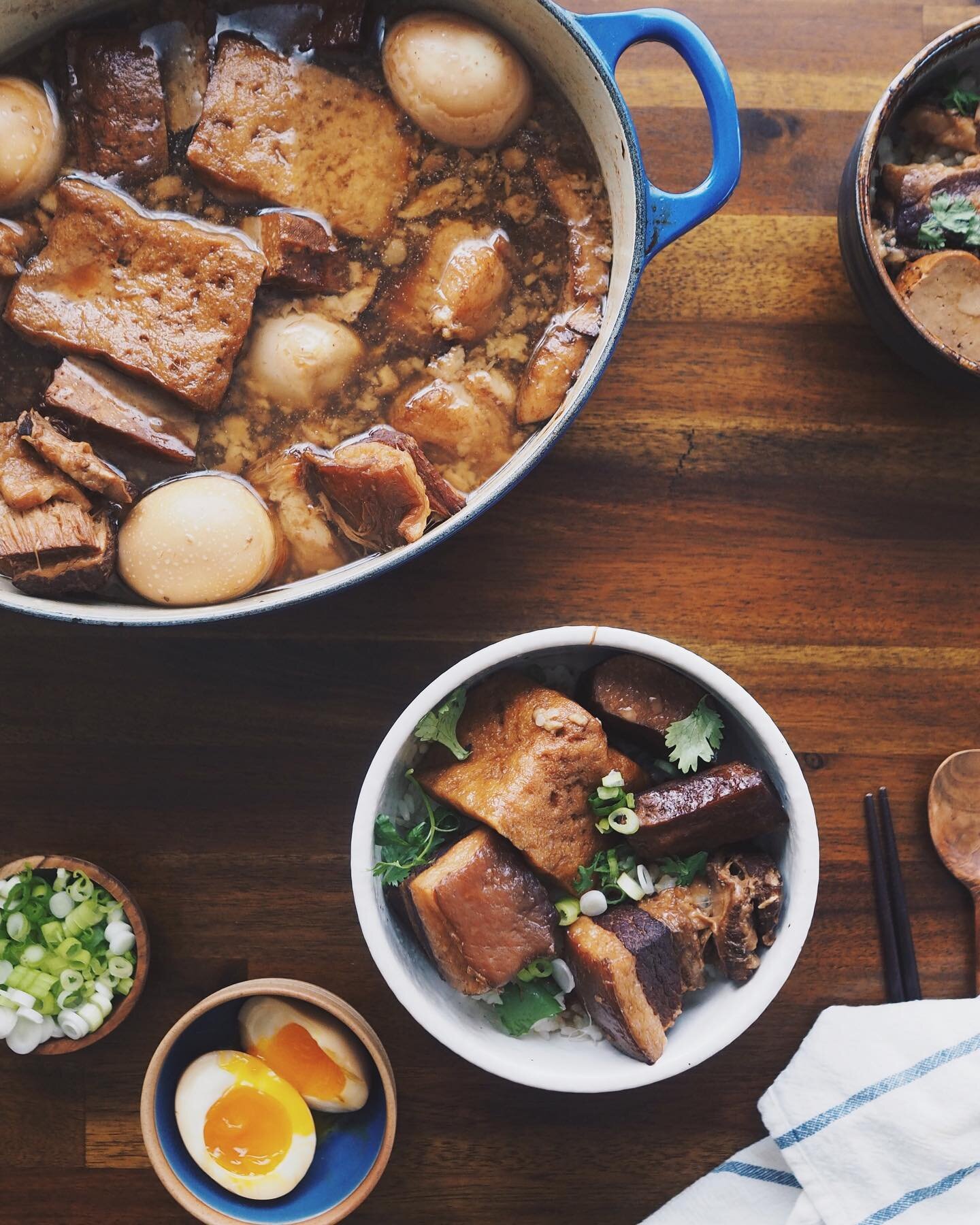 taiwanese braised pork with fried tofu, bean curd, and egg