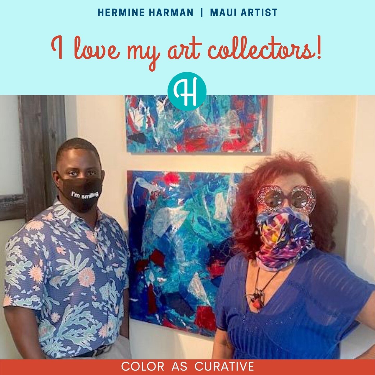 Meet my collector, Jason, who purchased this diptych for his new office in Wailea, Maui, Hawaii. He has the best mask; it says &quot;I'm smiling.&quot; A great reminder!⁠
⁠
Being an optimist, I am so happy to share that we artists are still making ar