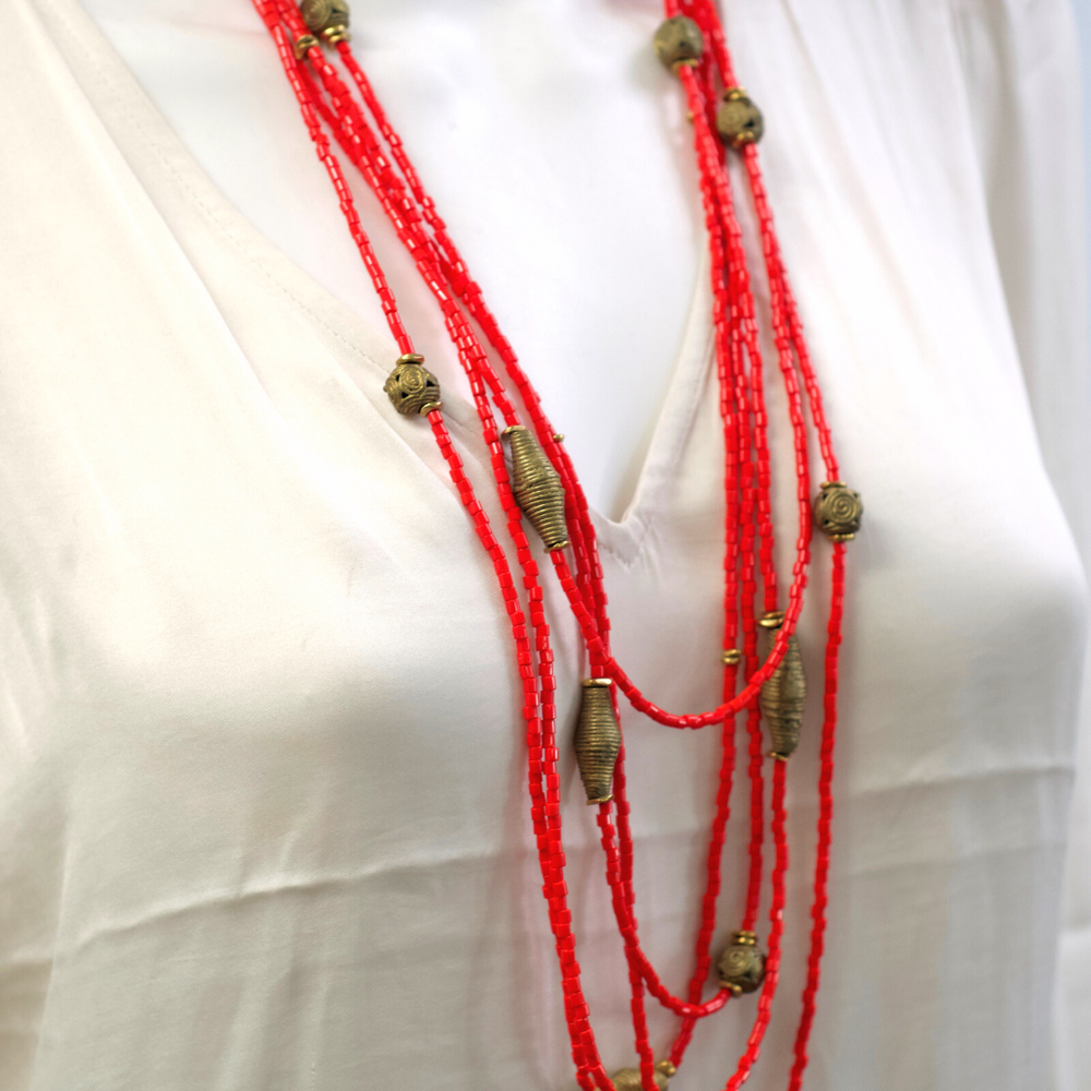 African LAKE VICTORIA NECKLACE Red Handmade Beads Layer Statement Jewelry NWT
