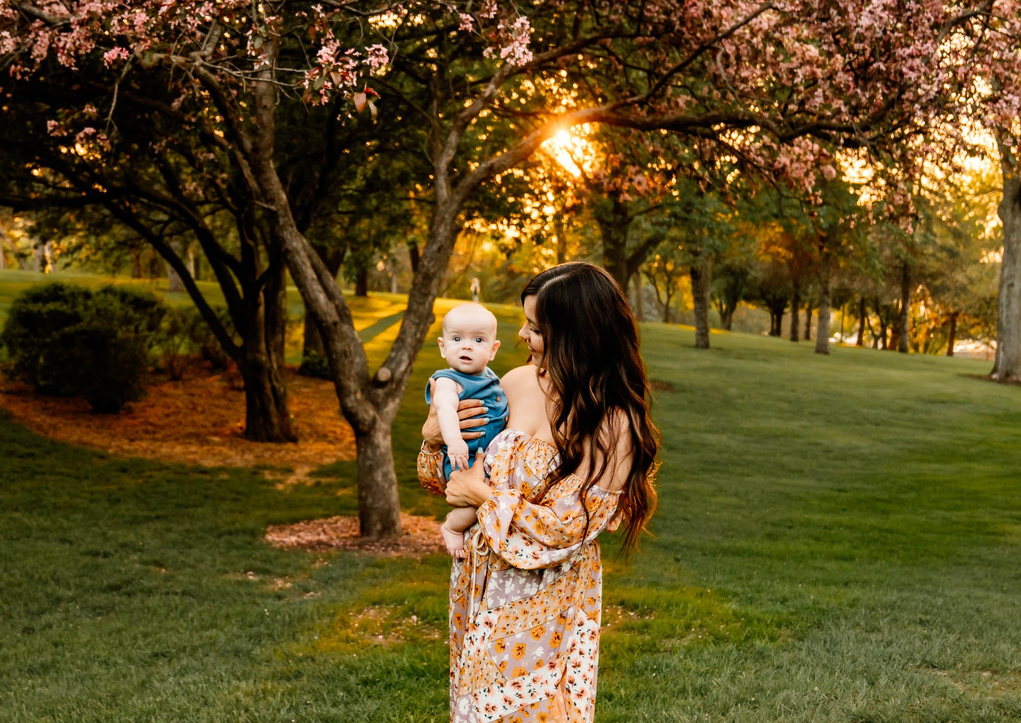 Mom holding baby under cherry blossoms during golden hour