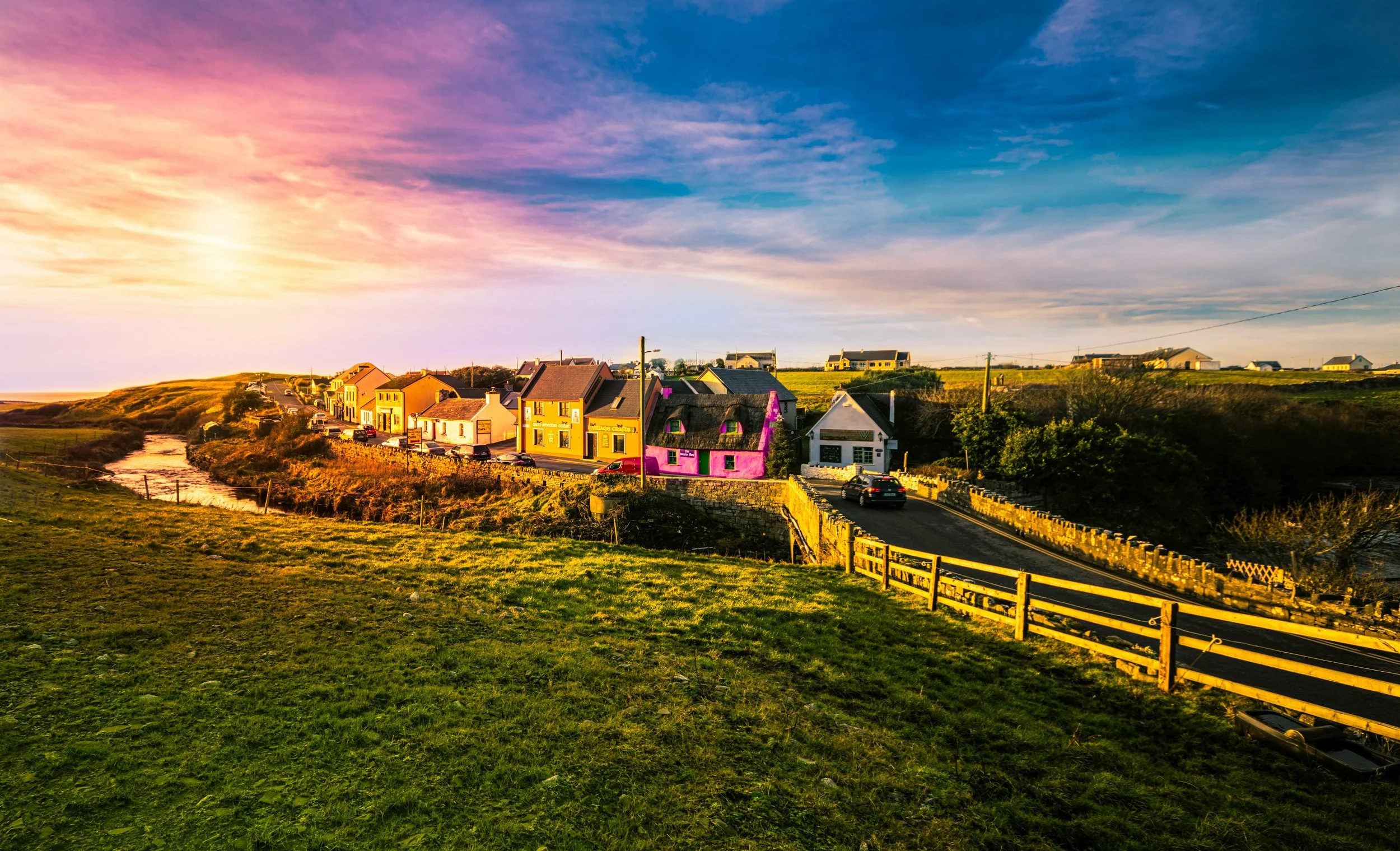 Irish village with homes, fields, and hedgerows showing how small gardens and shared green spaces support rewilding and biodiversity in Ireland.